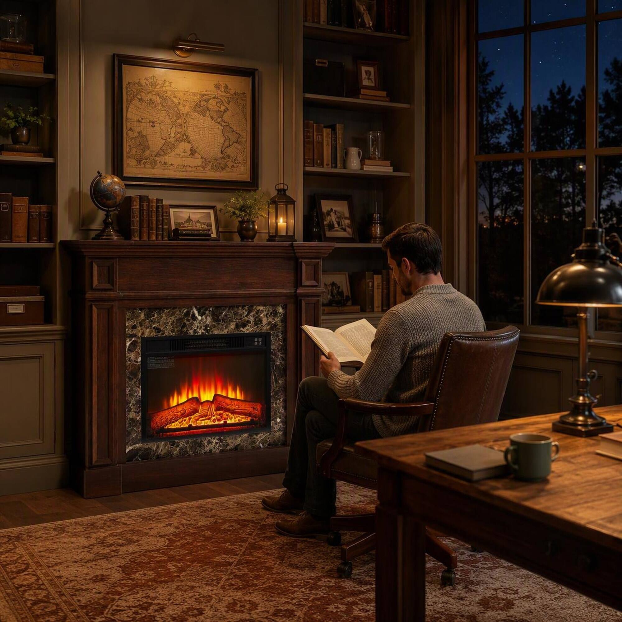 Left. RYHNUYNE - Cherry Finished Electric Fireplace with Mantel, Freestanding 1400W Heater with Realistic Stacked Stone Surround - Cherry.