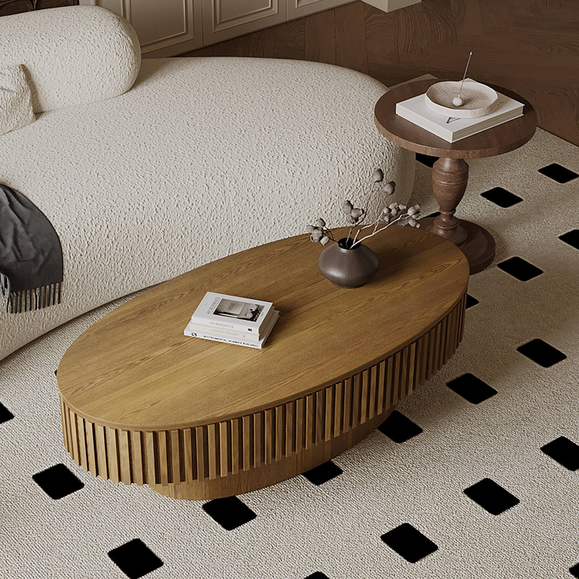 Alt View 1. Loheer - Loheer 47 Inch Oval Wood Coffee Table with Storage Brown Modern Solid Wood Veneer Center Table for Living Room - Brown.
