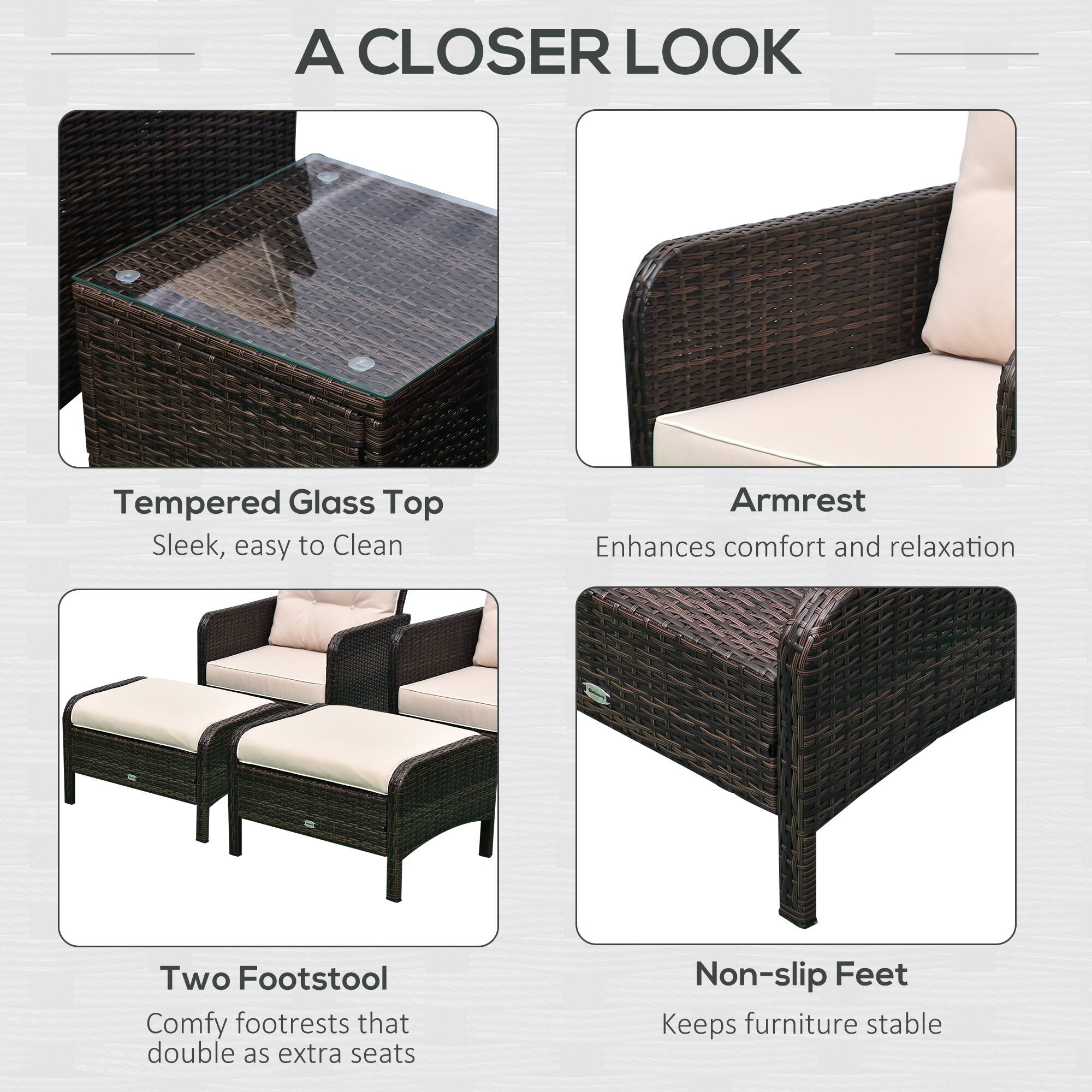 A CLOSER LOOK

Tempered Glass Top
Sleek, easy to Clean

Armrest
Enhances comfort and relaxation

Two Footstool
Comfy footrests that double as extra seats

Non-slip Feet
Keeps furniture stable