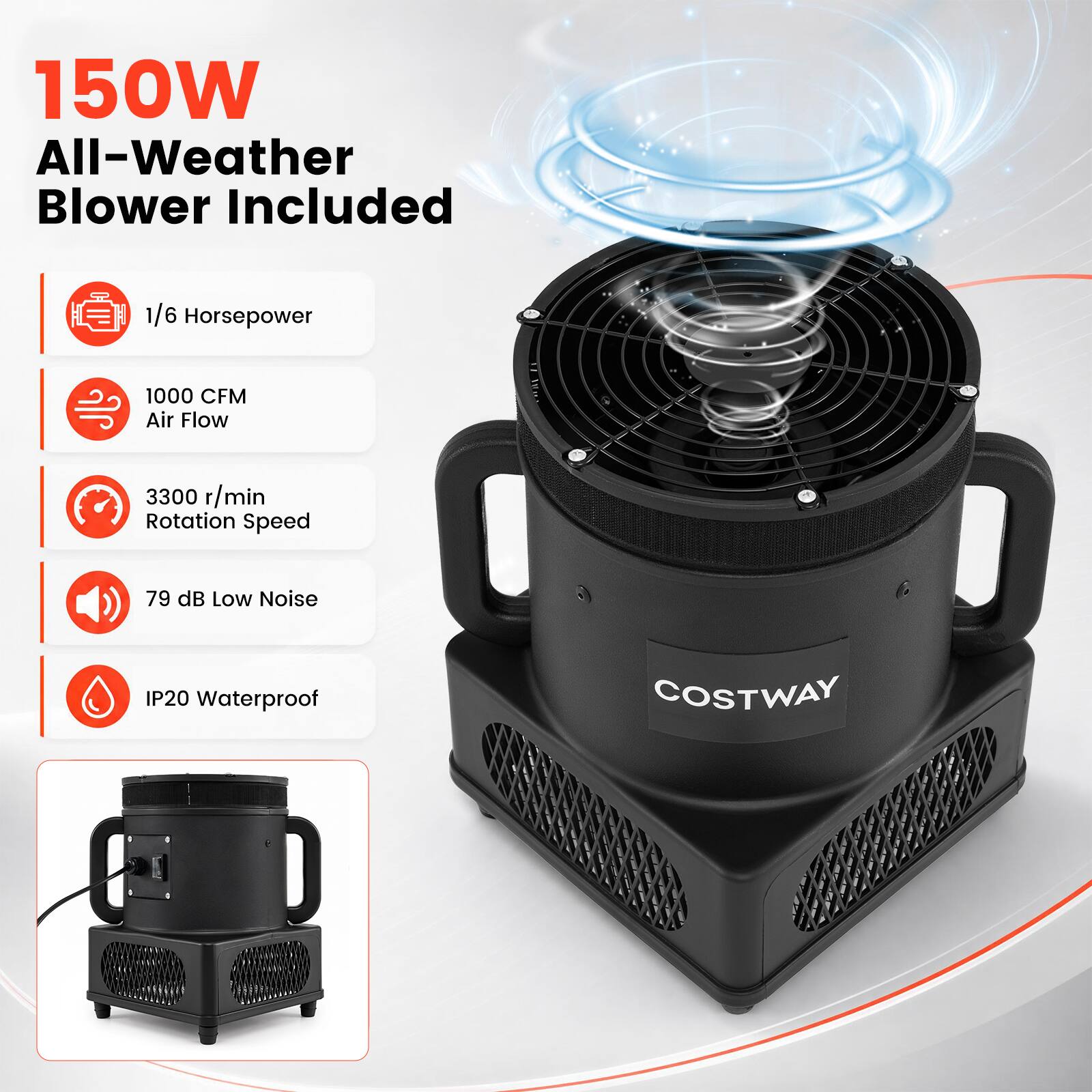 150W All-Weather Blower Included

1/6 Horsepower

1000 CFM Air Flow

3300 r/min Rotation Speed

79 dB Low Noise

IP20 Waterproof

COSTWAY