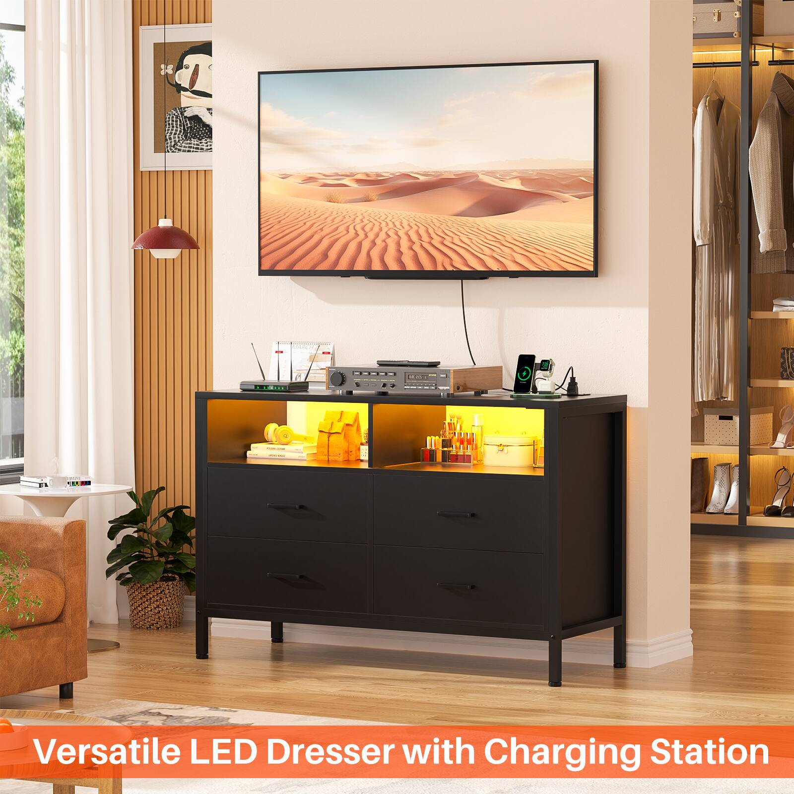 Versatile LED Dresser with Charging Station