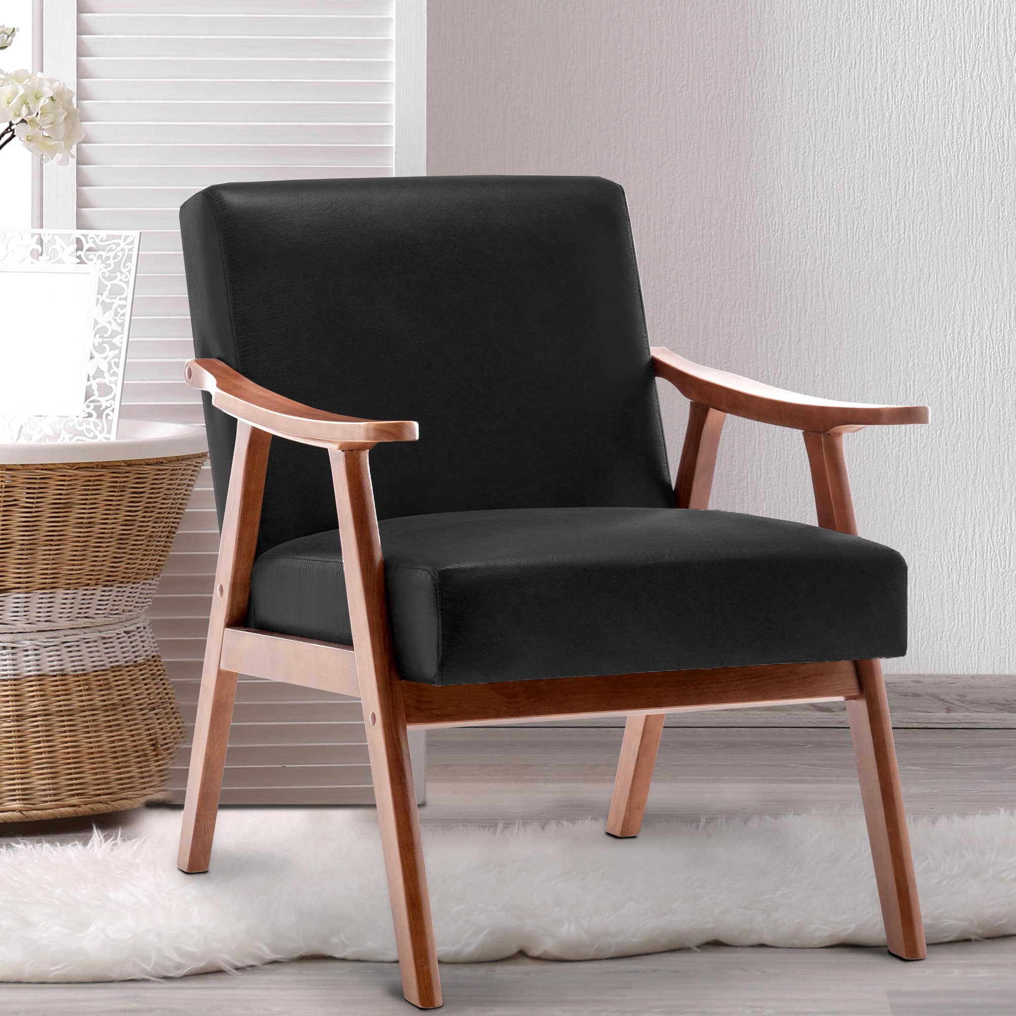 Trinkets Crazed - Accent Chair Mid Century Modern Armchair with Wood Legs Upholstered Lounge Chairs Comfy Cushion for Living Room Bedroom - Black PU