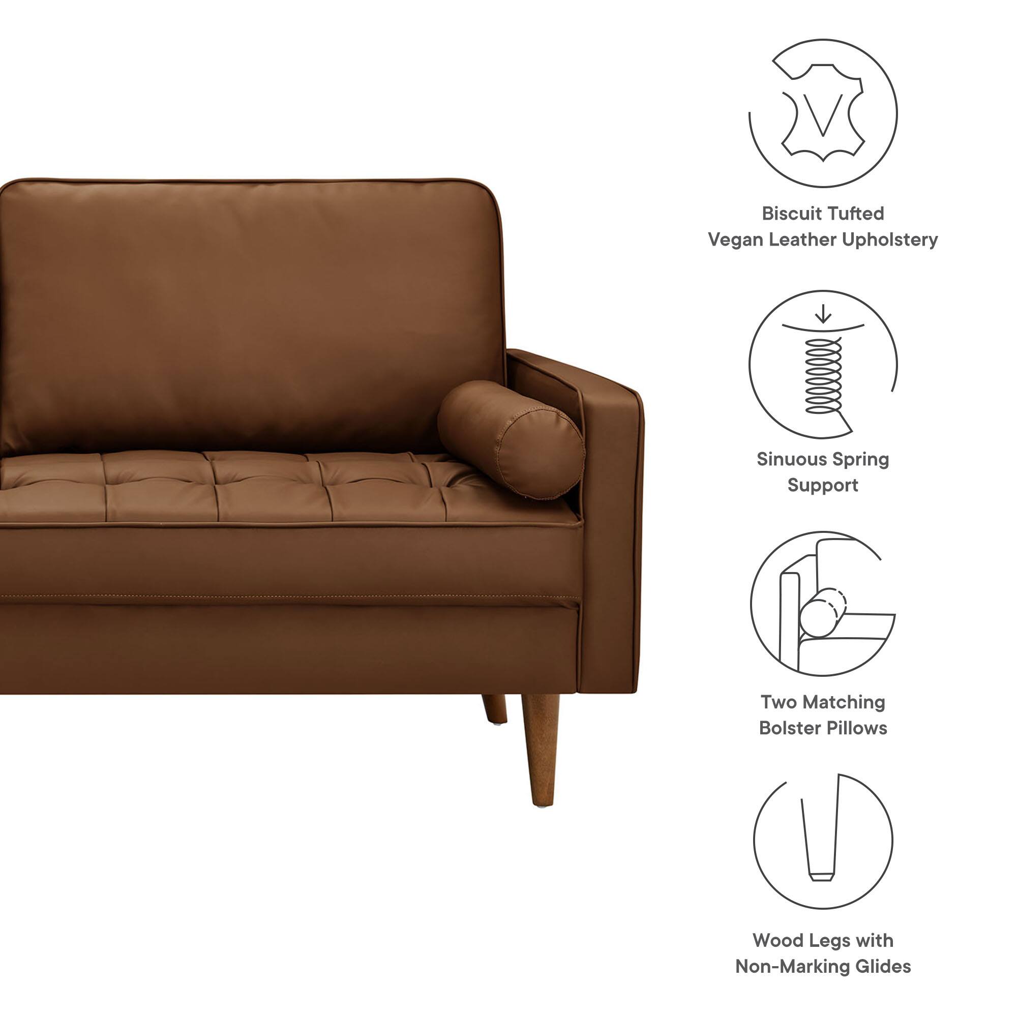 V Biscuit Tufted Vegan Leather Upholstery Sinuous Spring Support Two Matching Bolster Pillows Wood Legs with Non-Marking Glides