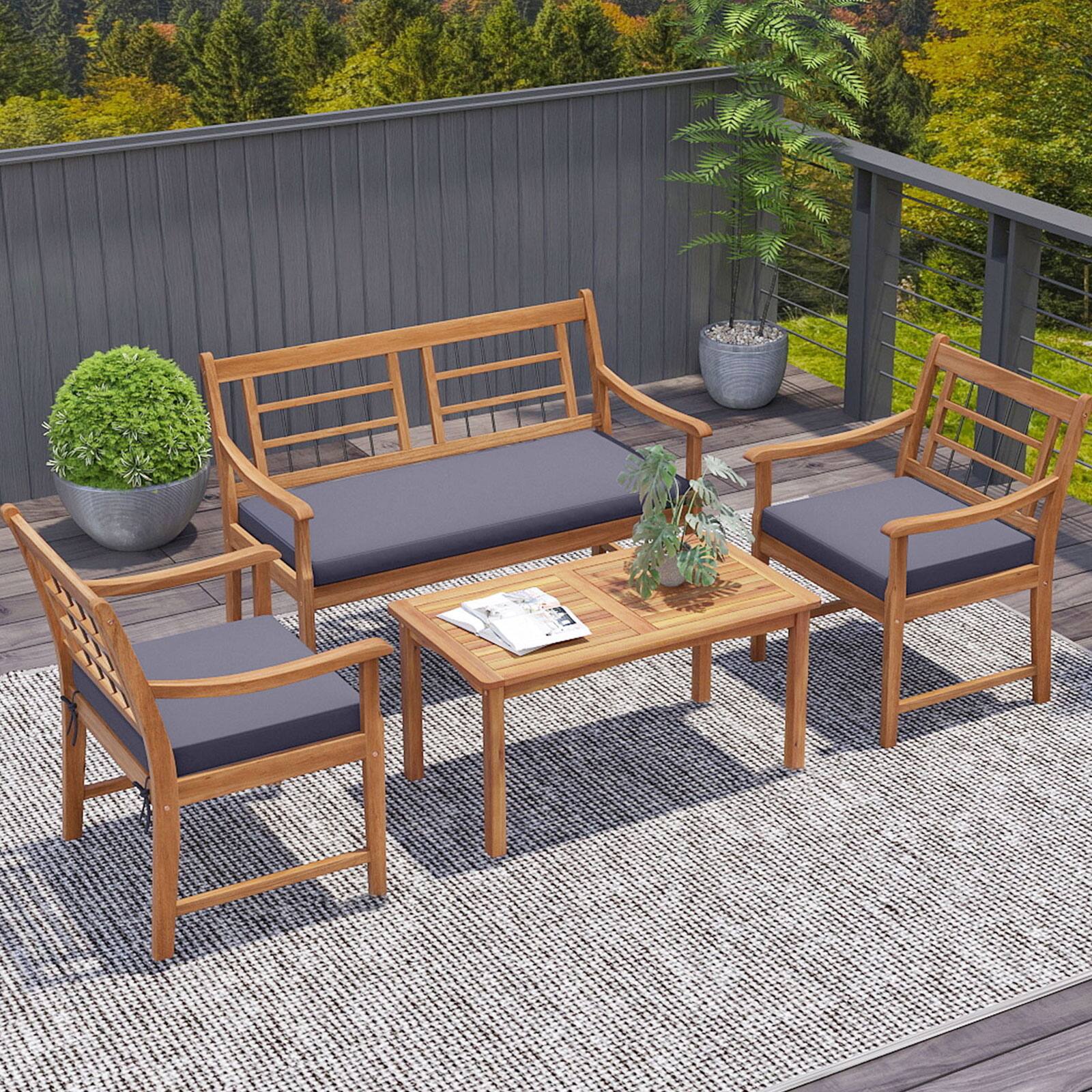Alt View 2. SlickBlue - 4-Piece Wood Patio Furniture Set with Armchairs, Loveseat & Coffee Table - Grey.