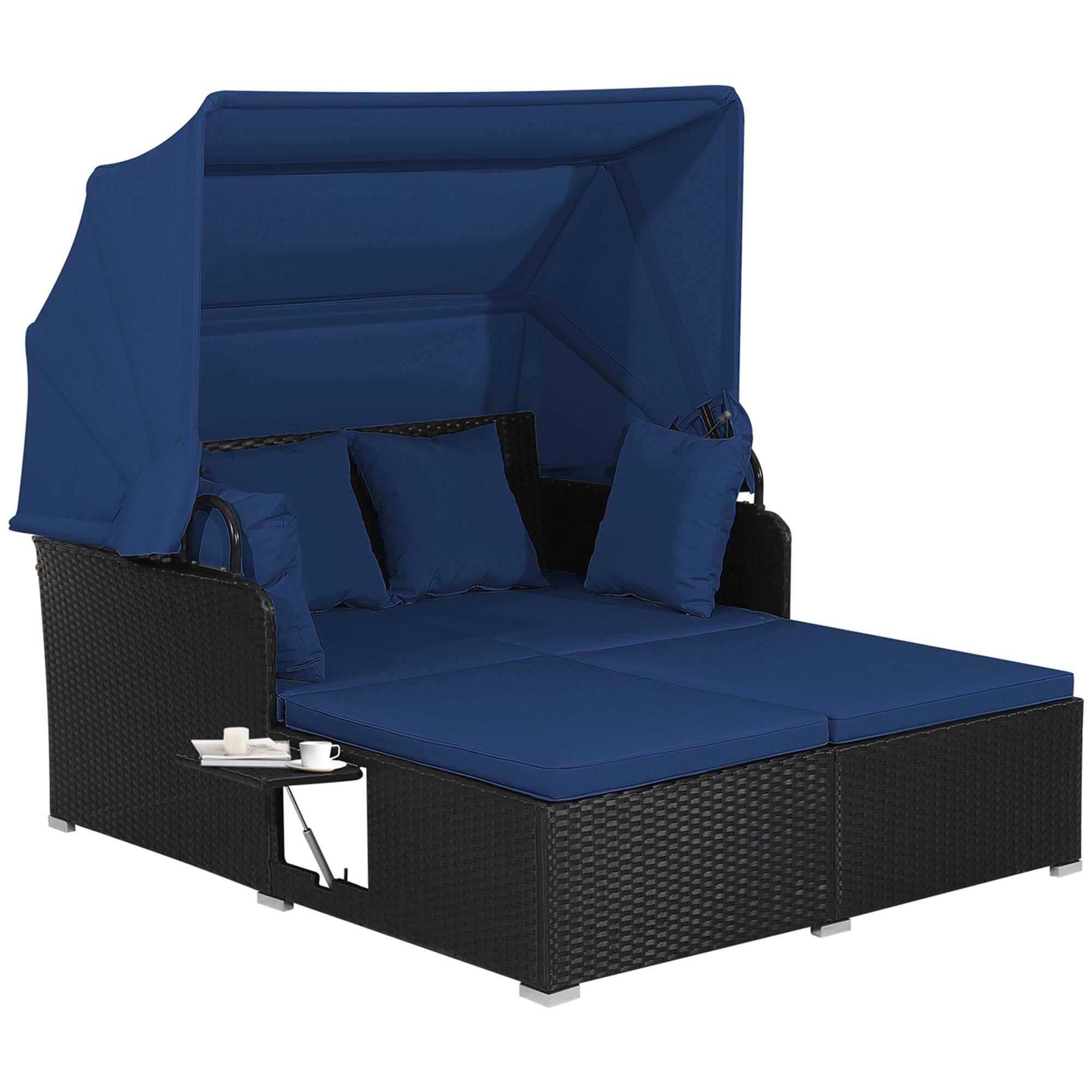 Alt View 9. Costway - Patio Rattan Daybed Lounge Retractable Top Canopy Side Tables Cushions - Navy.