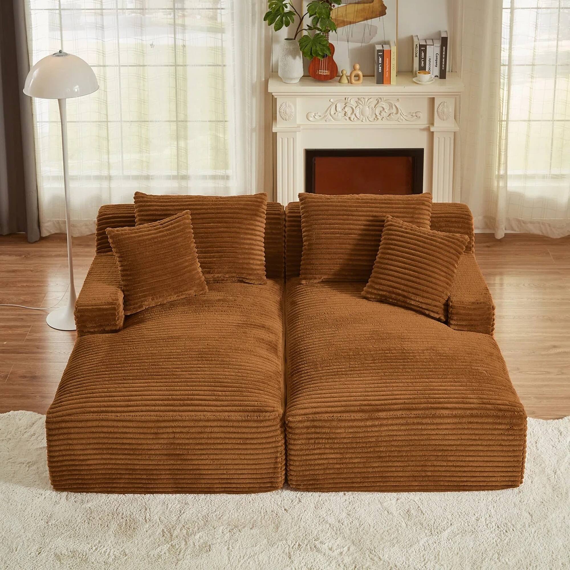 Angle. Yardgrace - Oversized Corduroy Upholstered Chaise Lounge – No Assembly Required, Plush Boneless Sofa for Living Room - Orange.