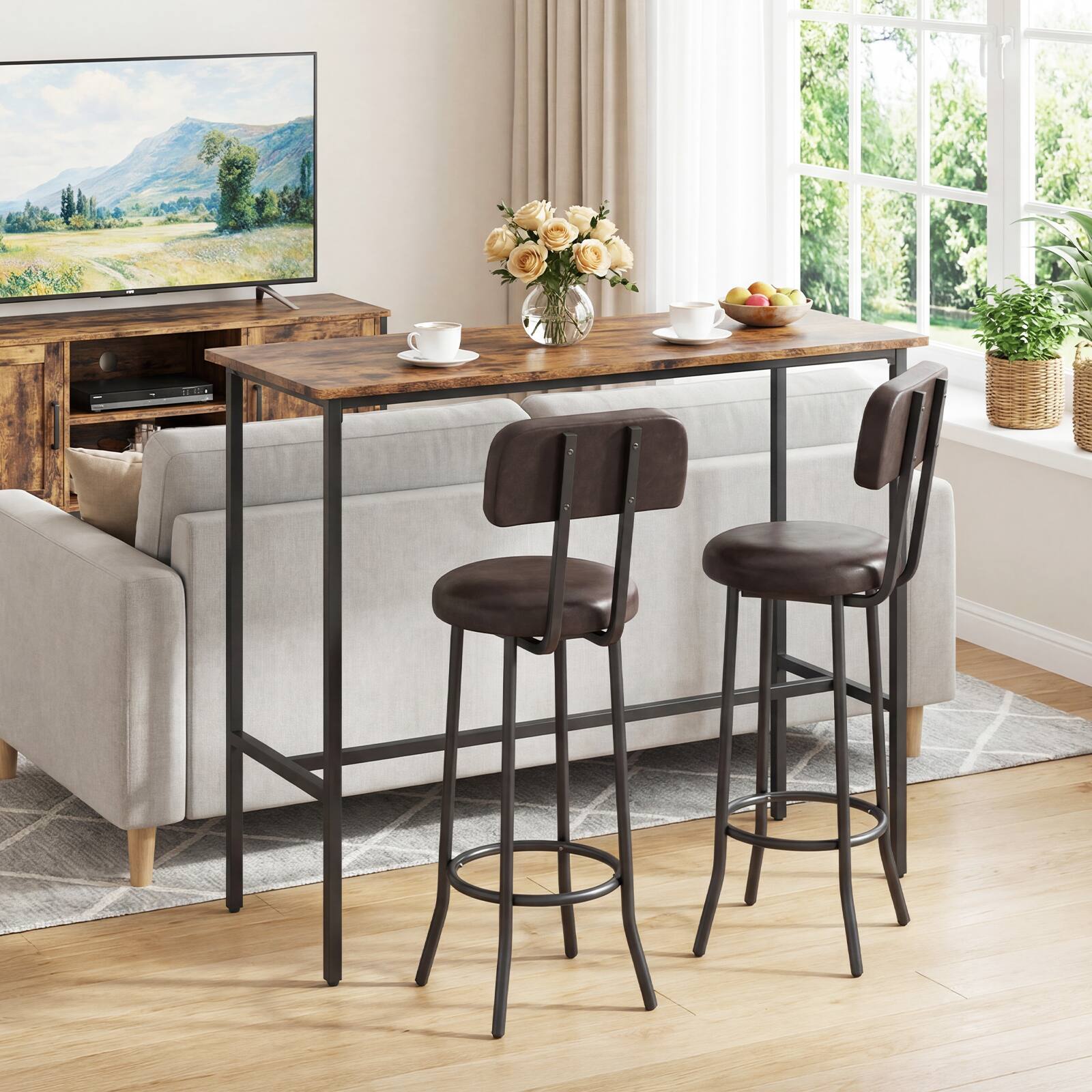 Alt View 1. Gymax - Gymax Industrial Bar Table Set Space-Saving Pub Table & Stools Set for Dining Room - Brown.