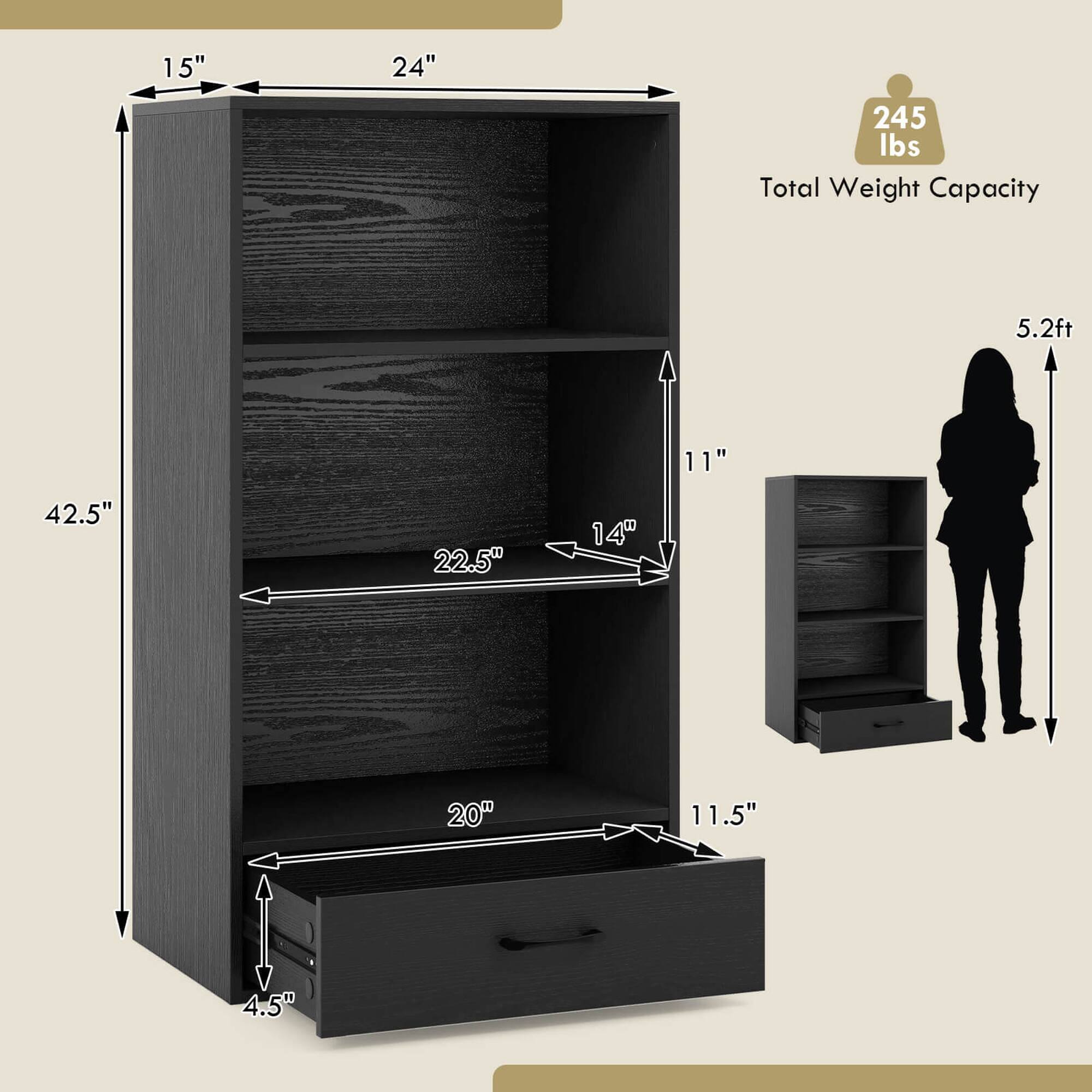 The image shows a wooden bookshelf with a woman standing next to it. The bookshelf is made of wood and has a total weight capacity of 245 lbs. The dimensions of the bookshelf are 5.2 ft in height, 11 inches in width, and 42.5 inches in depth. The bookshelf is designed to hold a variety of items, such as books, decorations, and other personal belongings. The woman in the image appears to be observing the bookshelf, possibly considering whether to use it for storage or decoration purposes.