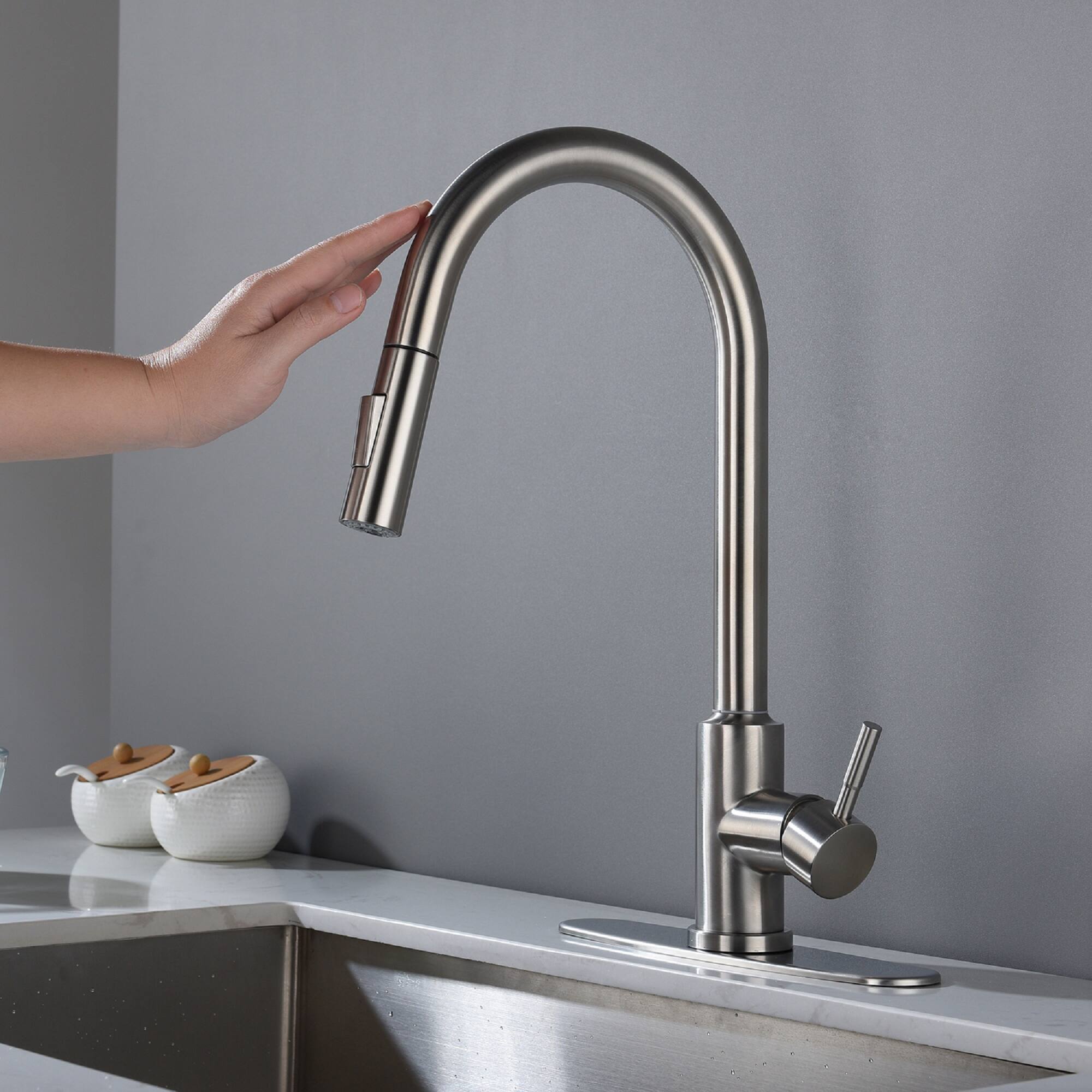 Back. Siljoy - Touch Kitchen Faucet with Pull Down Sprayer - Brushed Nickel.