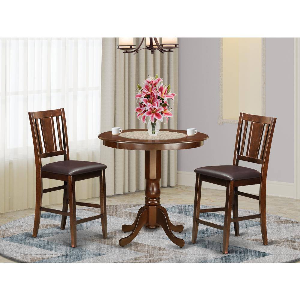 Back. East West Furniture - 3 Pc counter height set- high Table and 2 Dining Chairs - Mahogany.