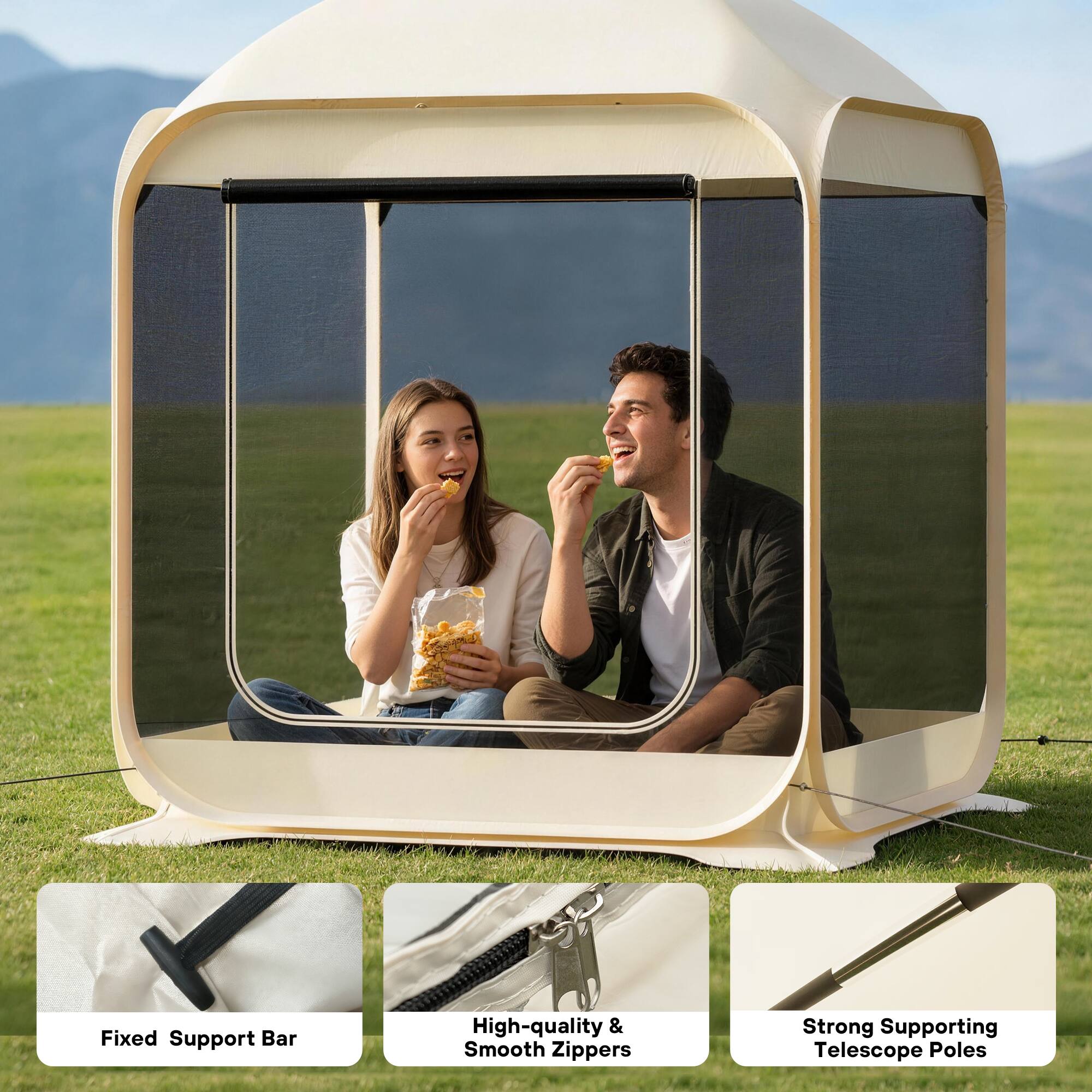 Fixed Support Bar  
High-quality & Smooth Zippers  
Strong Supporting Telescope Poles