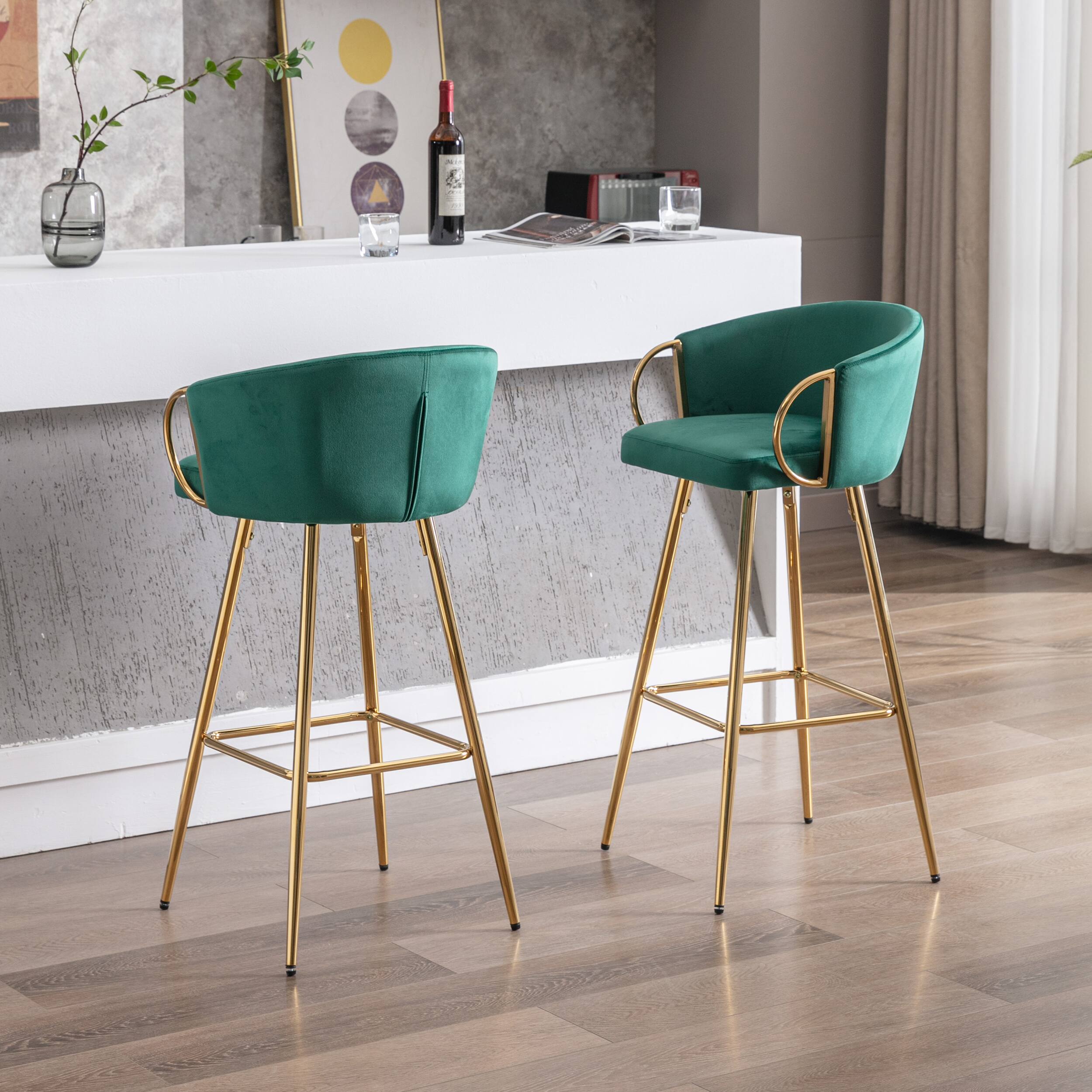 Alt View 1. APRILSOUL - 30 Inch Set of 2 Bar Stools Chrome Footrest Base Velvet Golden Leg Simple GREEN - Green.