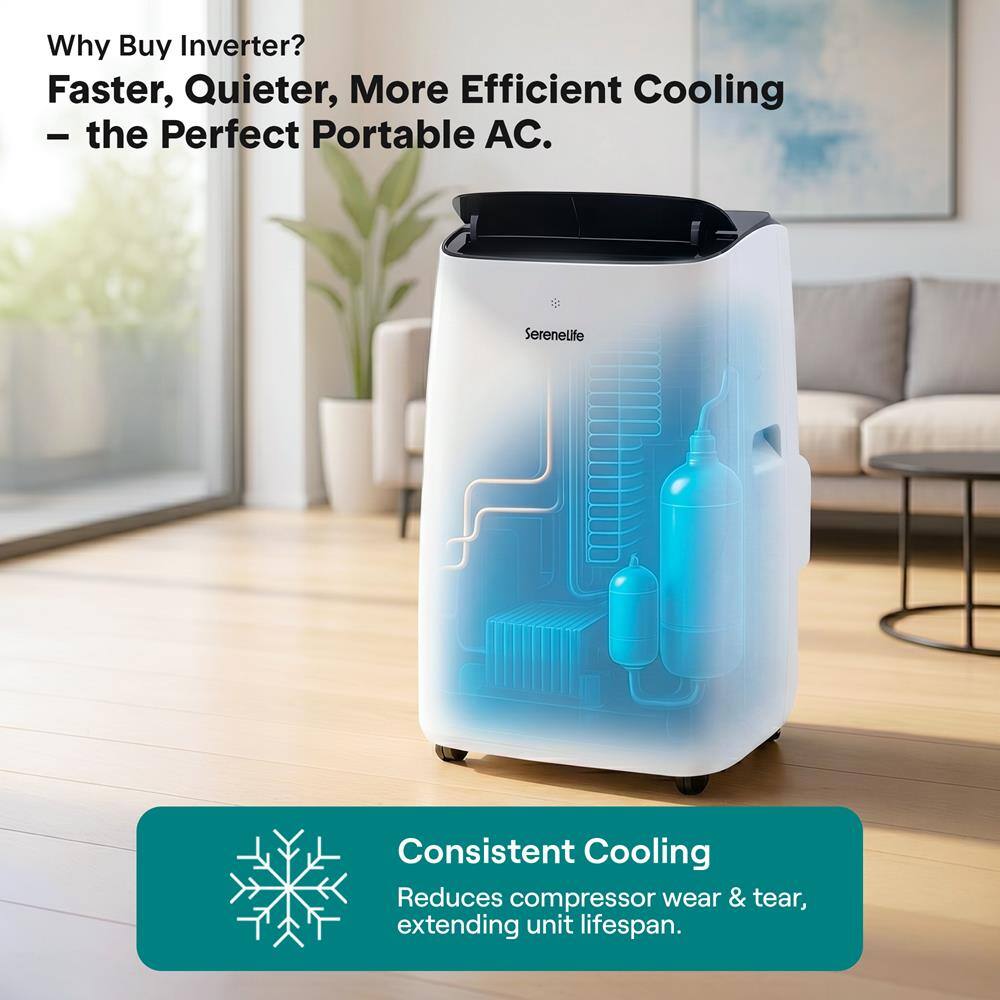 Why Buy Inverter? Faster, Quieter, More Efficient Cooling - the Perfect Portable AC. SereneLife Consistent Cooling Reduces compressor wear & tear, extending unit lifespan.