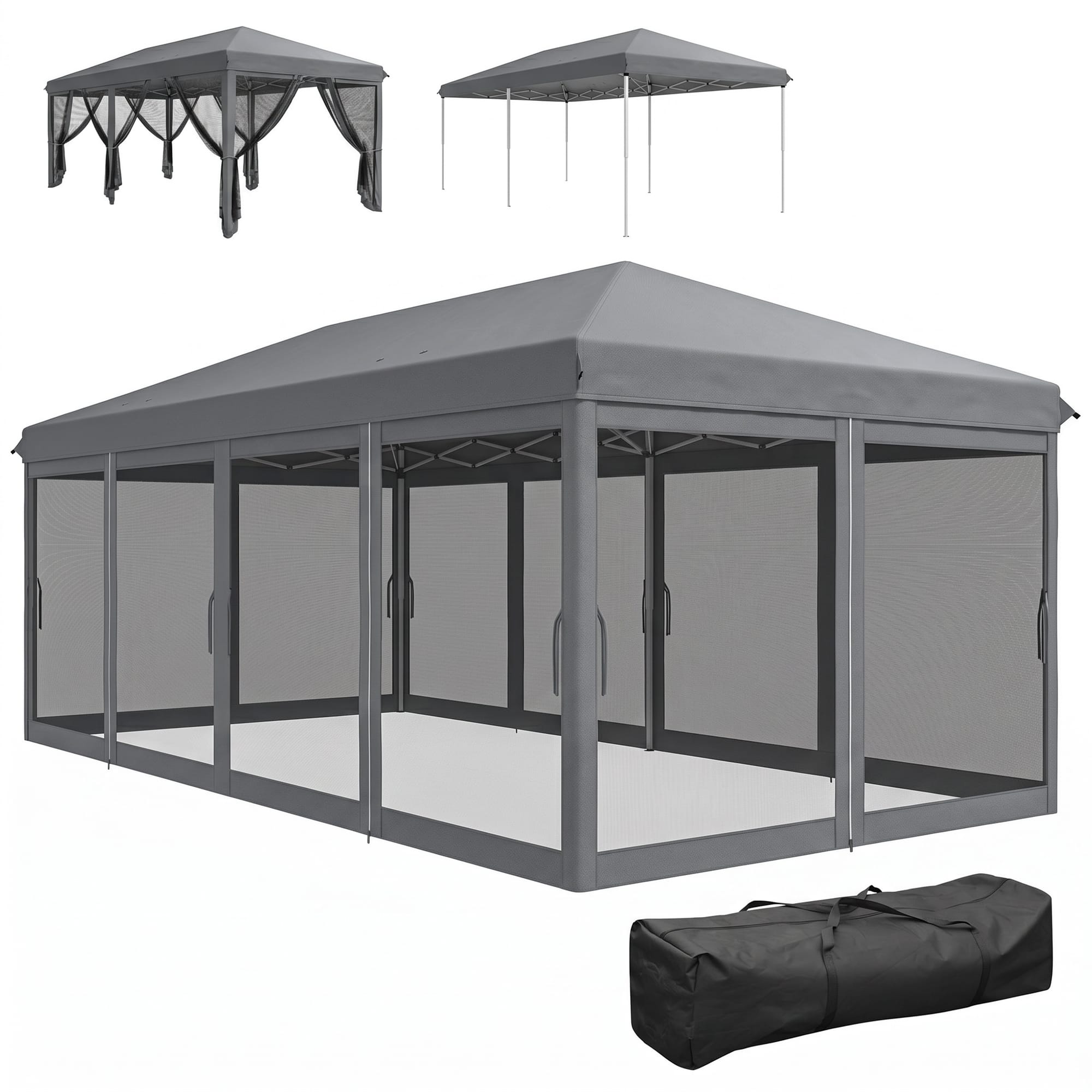 Outsunny - x 20' Pop Up Canopy Tent with Netting, Heavy Duty Instant Sun Shelter - Gray