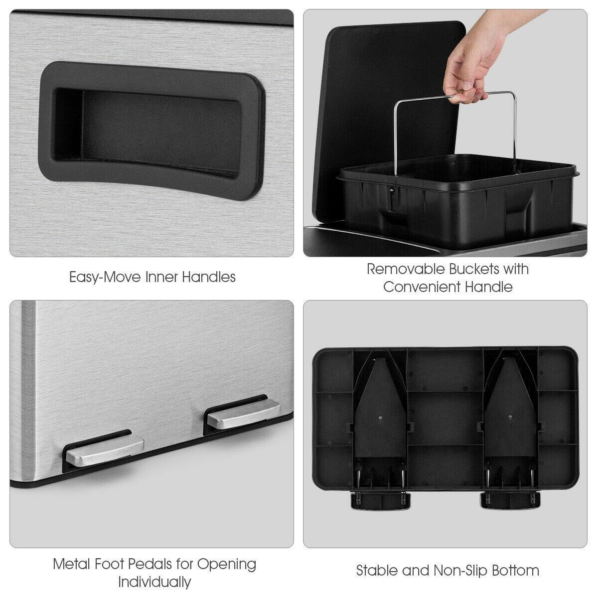 Easy-Move Inner Handles  
Removable Buckets with Convenient Handle  
Metal Foot Pedals for Opening Individually  
Stable and Non-Slip Bottom