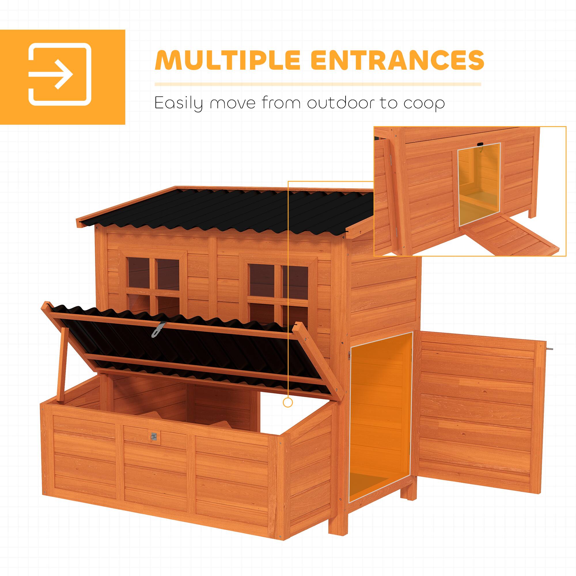 MULTIPLE ENTRANCES  
Easily move from outdoor to coop