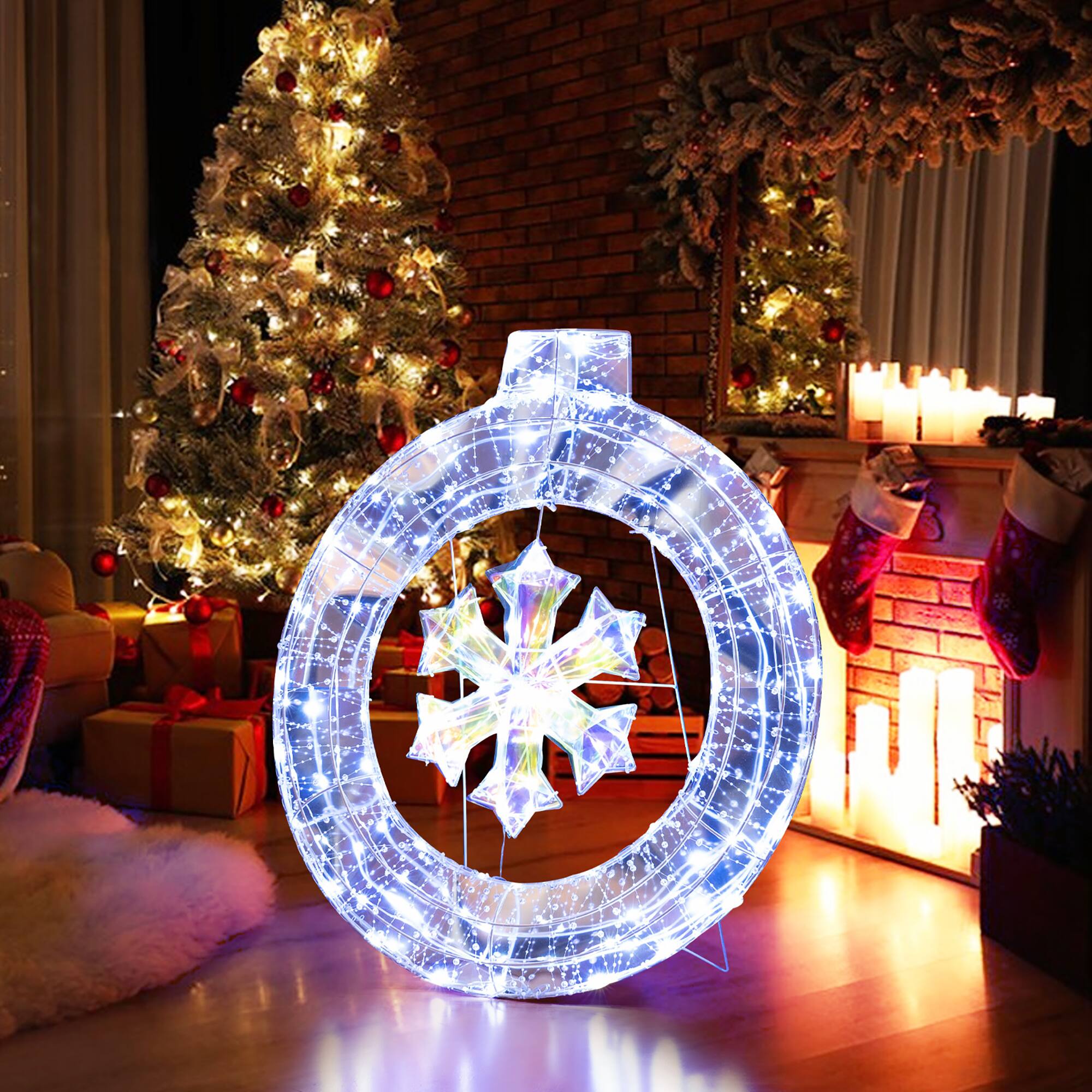 Front. Gymax - Gymax 33'' Lighted Ornament Pre-Lit Christmas Wreath w/ 128 Cold White LED Lights - White.