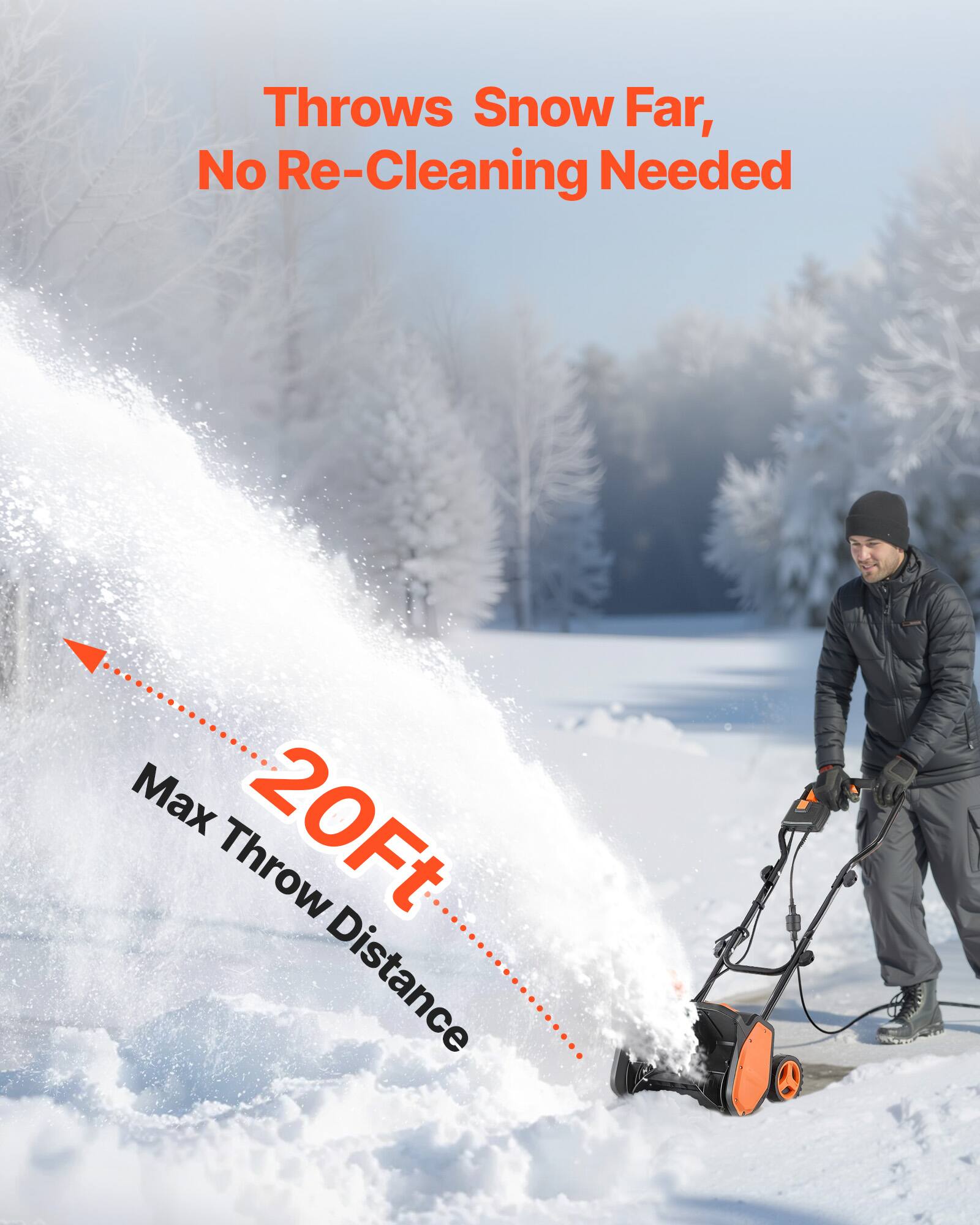 Throws Snow Far, No Re-Cleaning Needed  
Max 20Ft Throw Distance