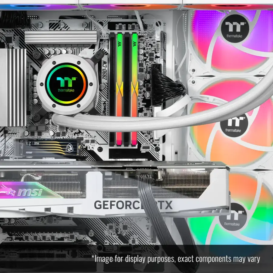 The image shows a computer system with a MSI GeForce TX graphics card and a Thermaltake Z890-CW Rock case. The system also includes a Thermaltake CPU cooler and a Thermaltake Z890-CW Rock case. The image is for display purposes, and the exact components may vary.