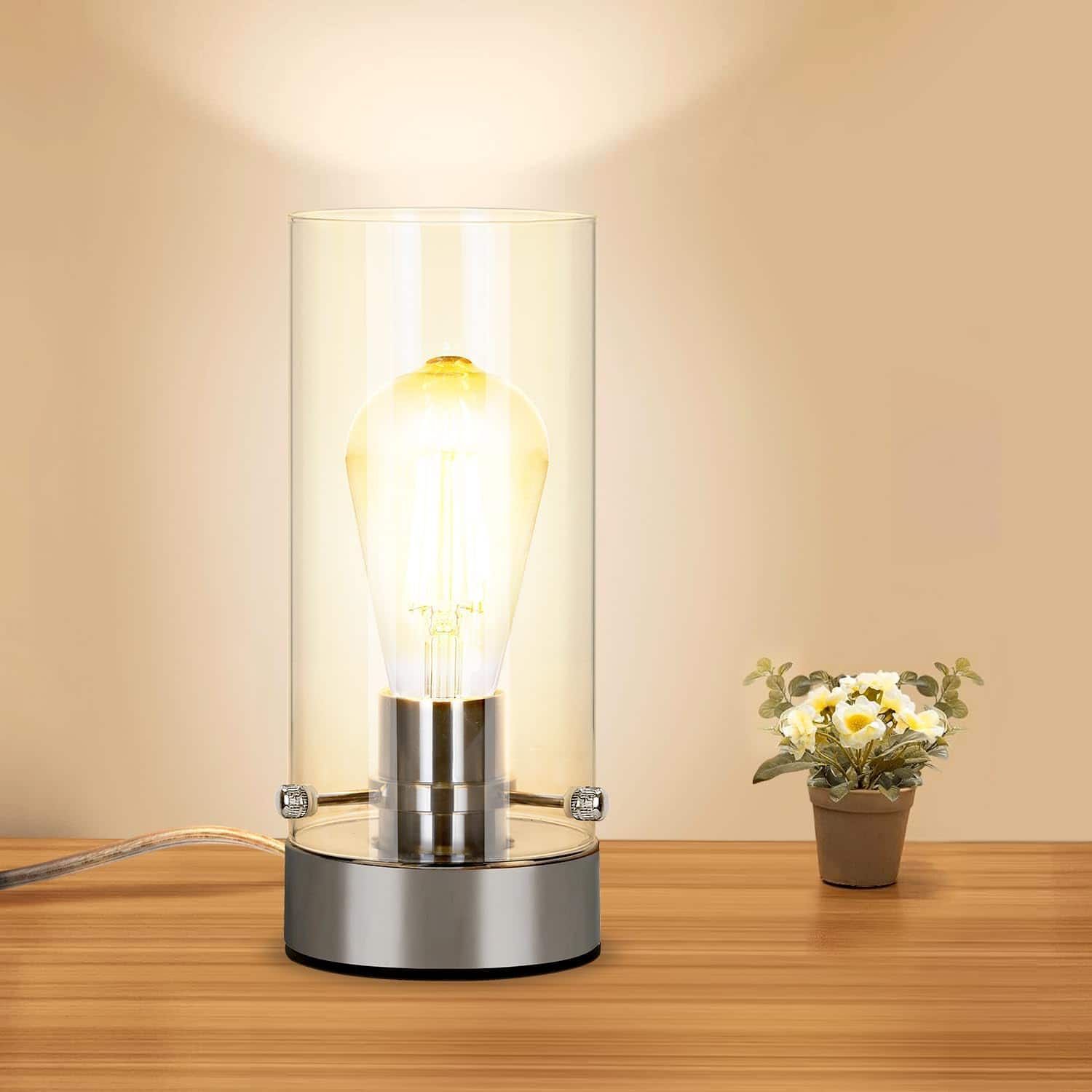 Stamp n Camp - Touch Table Lamp for Bedroom Modern Glass Lamp Bedside Table Lamps for Night Stands with 2700K Glass Bulb Night - Chrome-Clear