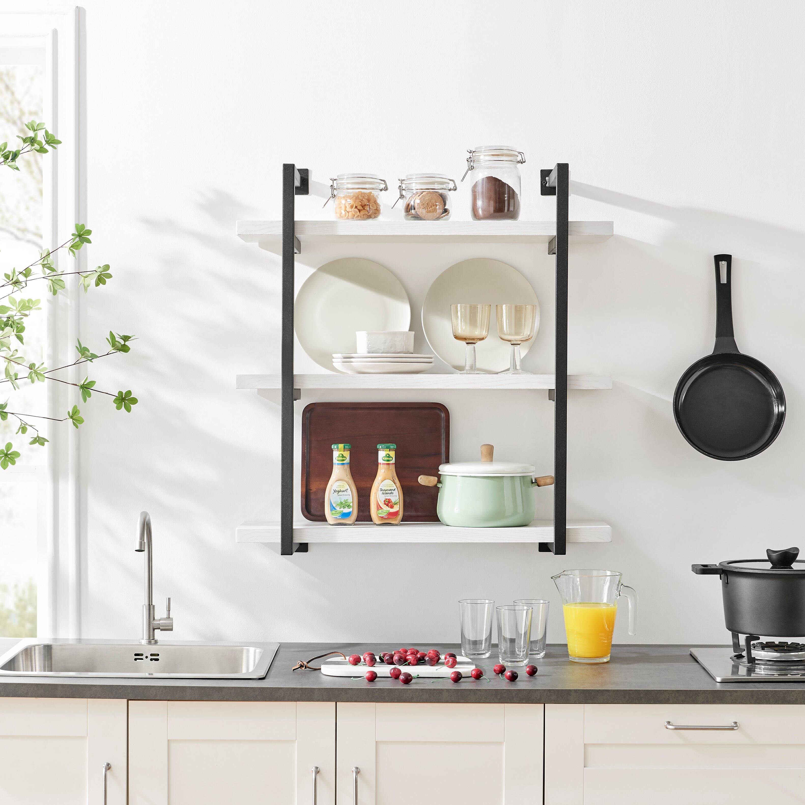 Angle. Danya B - Modern 3-Tier Bracket Wall Shelves in Black Metal and White Birch Finish - White Birch.