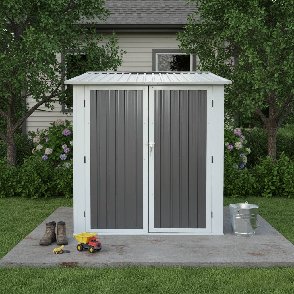 Angle. Anysun - 6x9 FT Outdoor Metal Storage Shed with Window & Flower Rack – Lockable Double Doors Tool Shed, Waterproof Weatherproof - Gray.