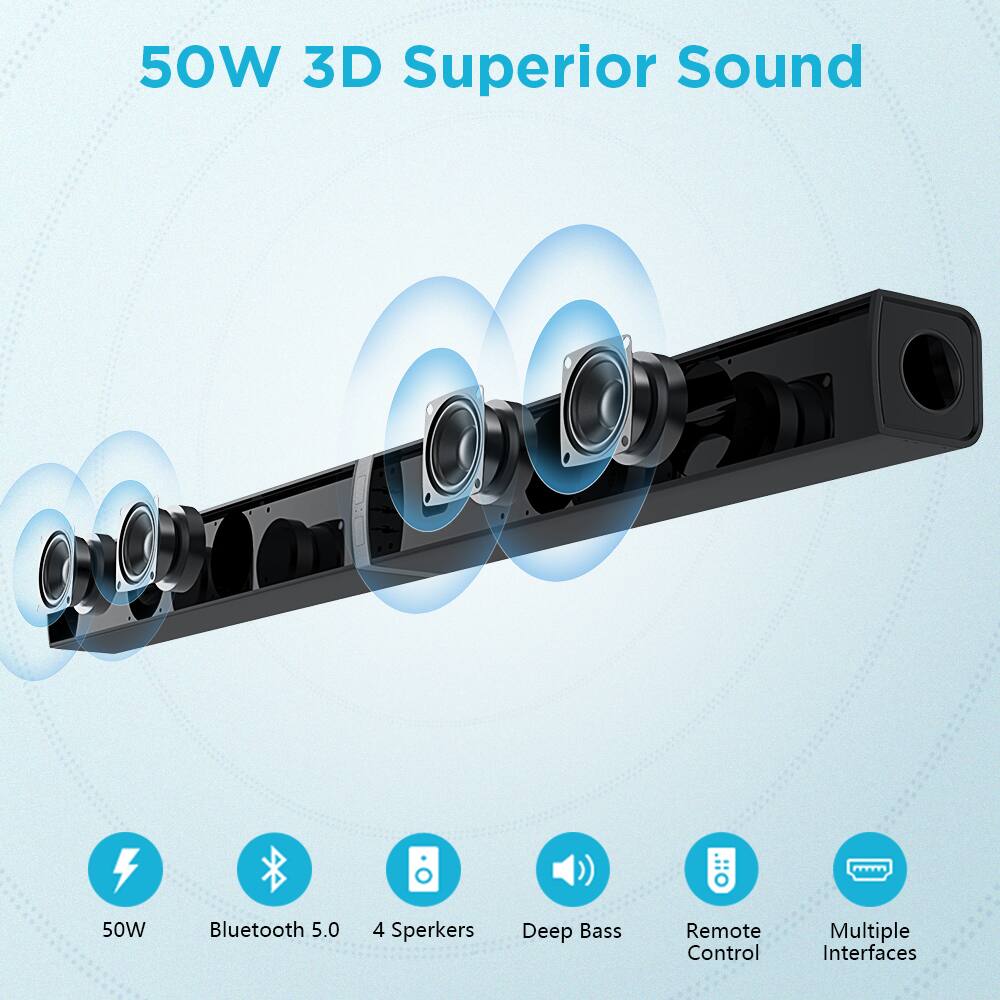 50W 3D Superior Sound

- 50W
- Bluetooth 5.0
- 4 Speakers
- Deep Bass
- Remote Control
- Multiple Interfaces