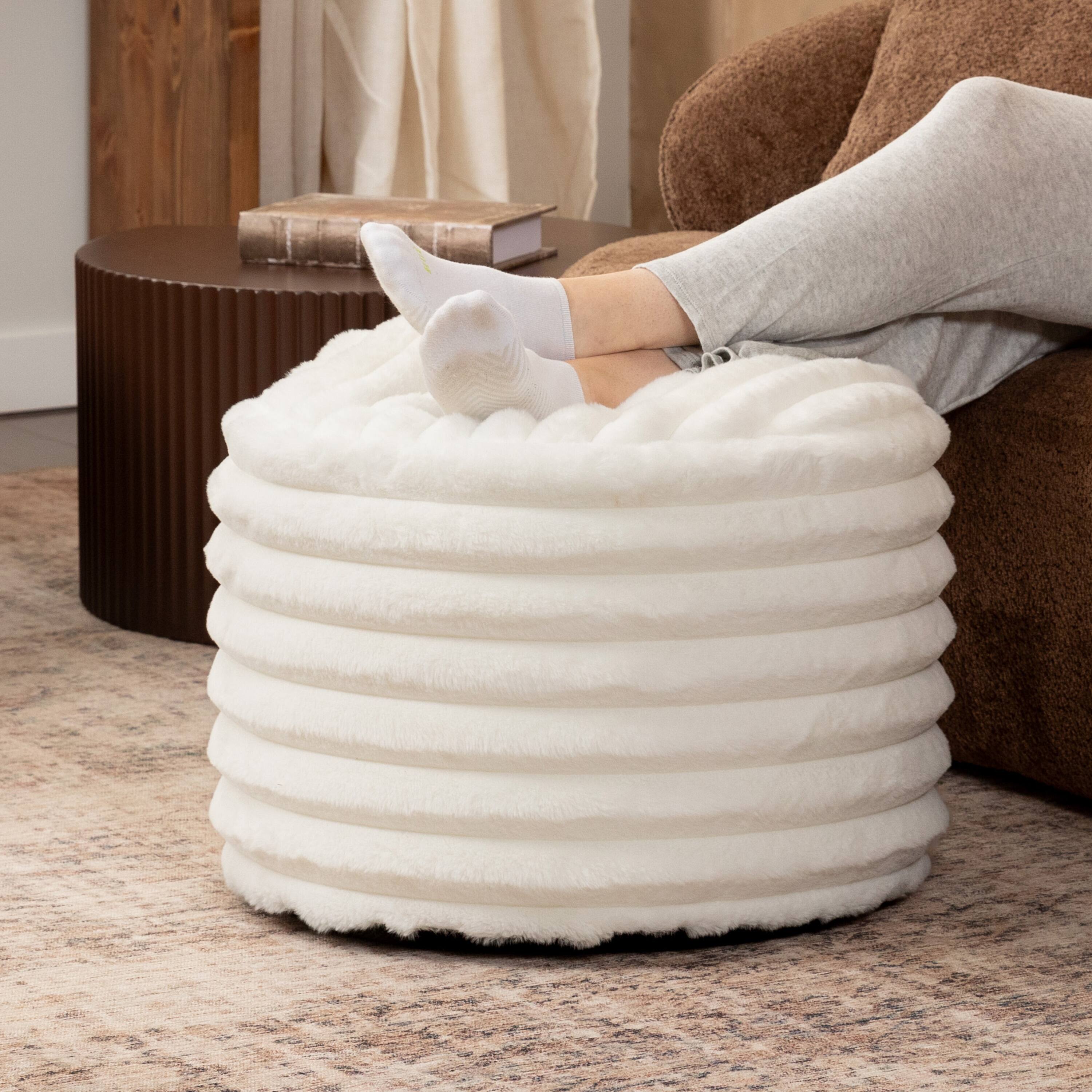 Angle. Jaxx - Jaxx Paran Accent Pouf - Fluffy Faux Fur Ottoman for Modern Interior Design, Regular, Ivory - Plush Fur Ivory.