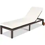 Front. Costway - Patio Rattan Lounge Chair Chaise Recliner Back Adjustable Cushioned W/Wheels - white.