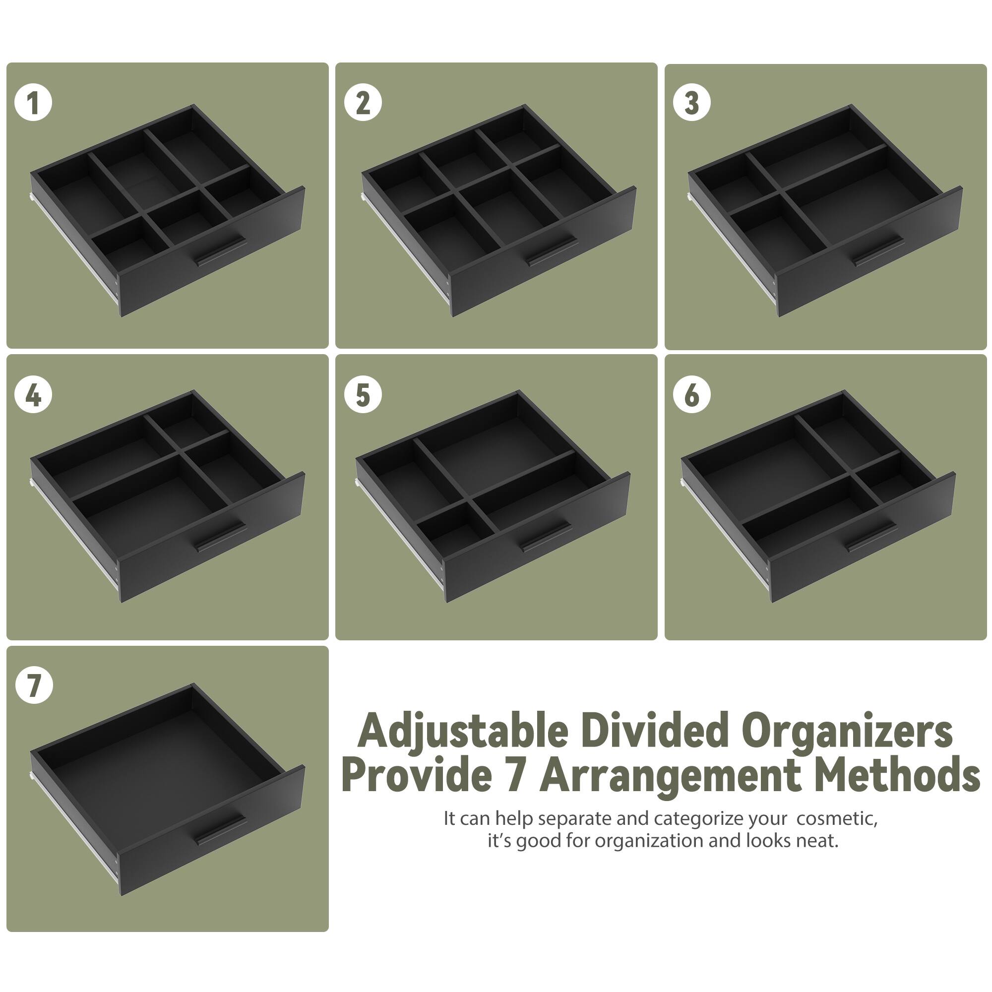 Adjustable Divided Organizers Provide 7 Arrangement Methods

It can help separate and categorize your cosmetic, it's good for organization and looks neat.