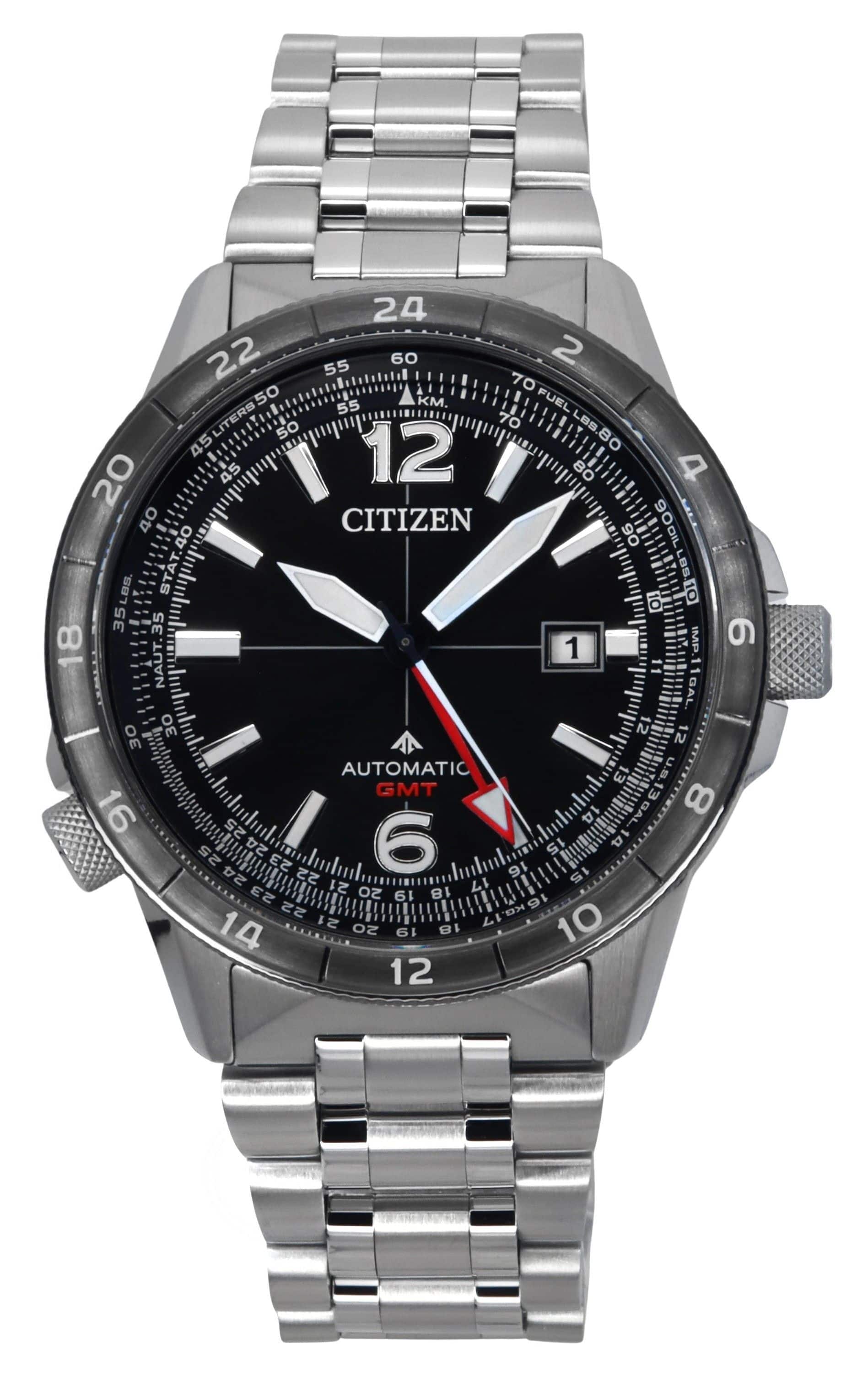 Citizen - Promaster Air GMT Automatic 24 Jewels NB6046-59E Mens Pilot Watch Stainless Steel Black Dial 200M - Silver/Black