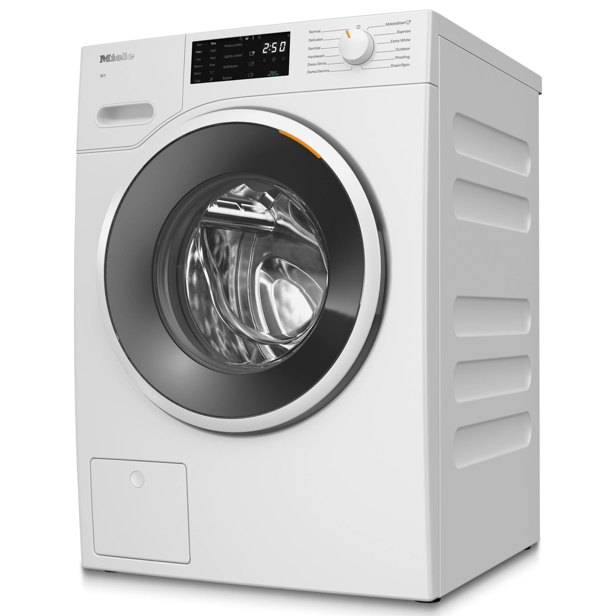 Miele W1  
2:50  
MobileStart  
Express  
Extra White  
Cotton  
DrainSpin  
Normal  
Delicates  
Handwash  
Dress Shirt  
Dark Denim