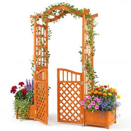 Costway - Garden Arbor with Gate & 2Planter Boxes, 83" Wooden Garden Arch with Drainage Holes - Yellow