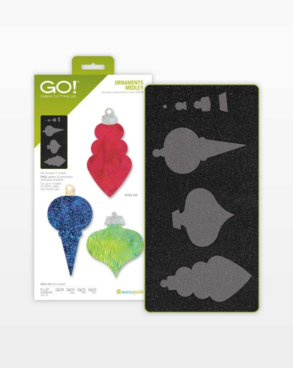 GO! FABRIC CUTTING DIE ORNAMENTS MEDLEY - Die includes 7 shapes FREE patterns & embroidery downloads Cut up to 4 layers of 100% cotton with fusible web ACTUAL Sizes - The Cebuon 6"x12 GO! GO! GO! GO! cutting mat - mM - 56412 accuquilt accu