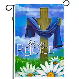 G128 - Let Us Rejoice Easter Christian Cross Garden Flag 12x18 Inch 150D Polyester Outdoor - Assorted Colors