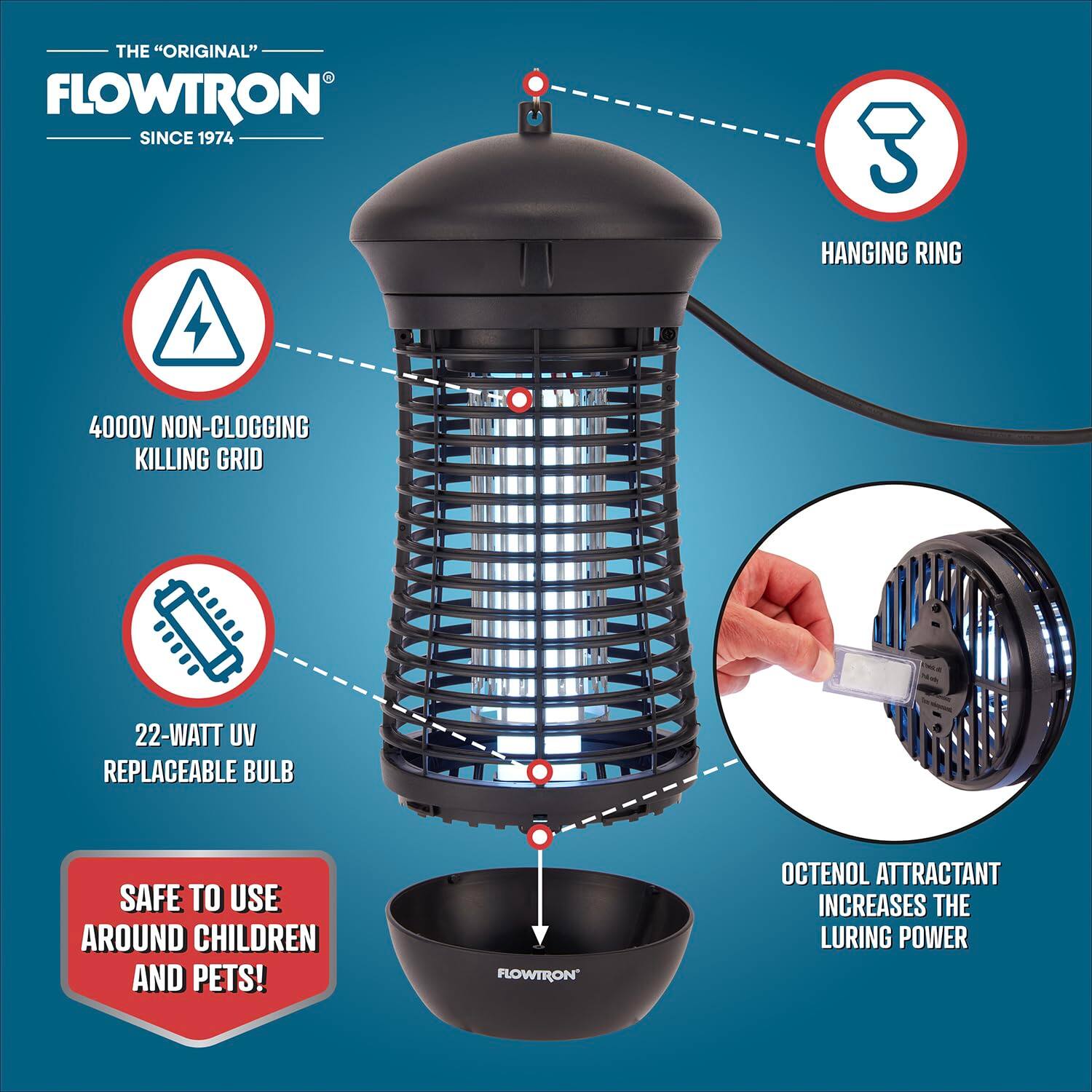THE "ORIGINAL" FLOWTRON SINCE 1974

- 3 HANGING RING
- 4000V NON-CLOGGING KILLING GRID
- 22-WATT UV REPLACEABLE BULB
- SAFE TO USE AROUND CHILDREN AND PETS!
- FLOWTRON' OCTENOL ATTRACTANT INCREASES THE LURING POWER
