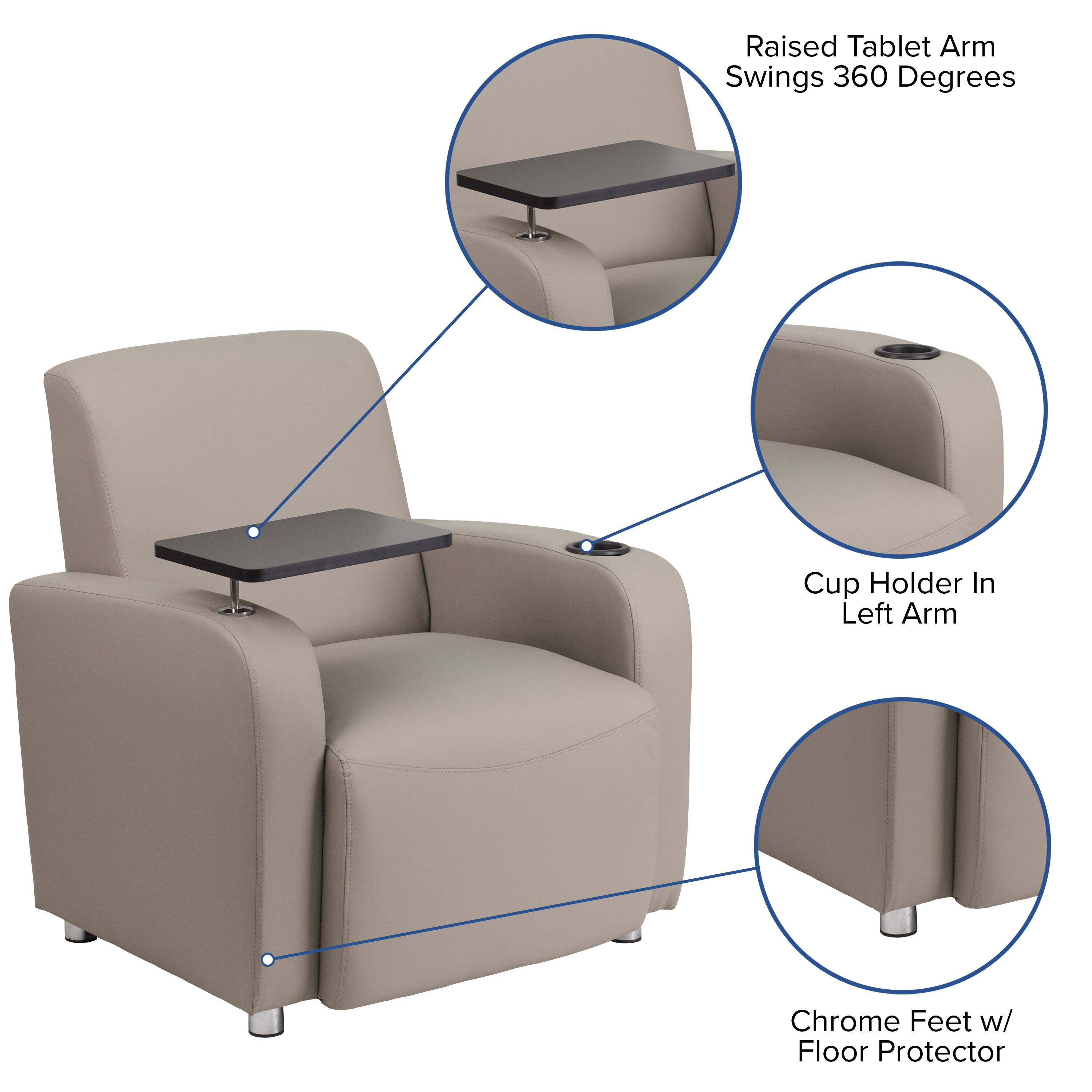 Raised Tablet Arm Swings 360 Degrees  
Cup Holder In Left Arm  
Chrome Feet w/ Floor Protector