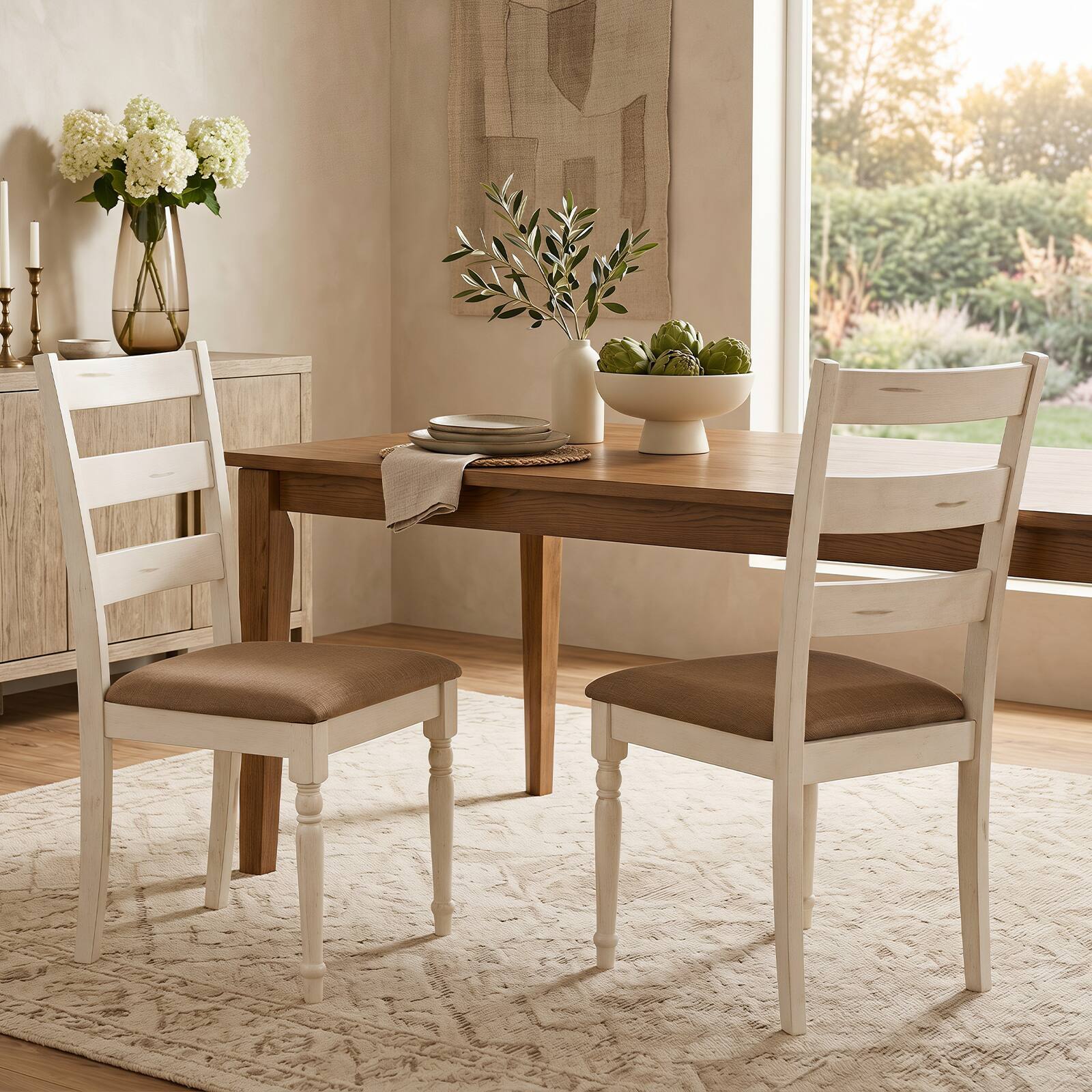 Alt View 4. Costway - Costway Rubber Wood Dining Chairs Set of 2 with Soft Padded Seat & Breathable Linen Fabric - White+Brown.