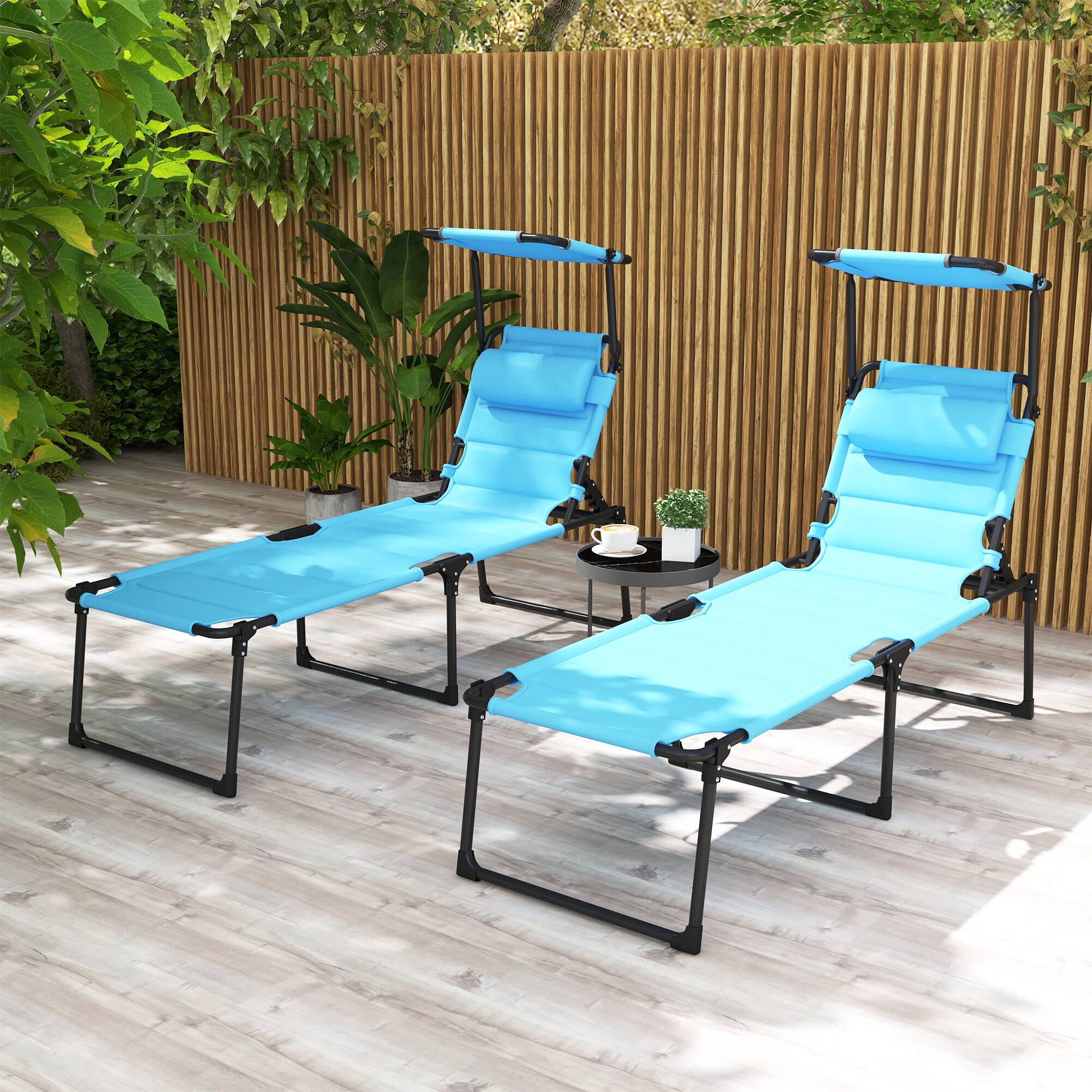 Alt View 1. Outsunny - 2 Pieces Outdoor Lounge Chair, Adjustable Backrest Folding Chaise Lounge, Cushioned Tanning Chair - Light Blue.
