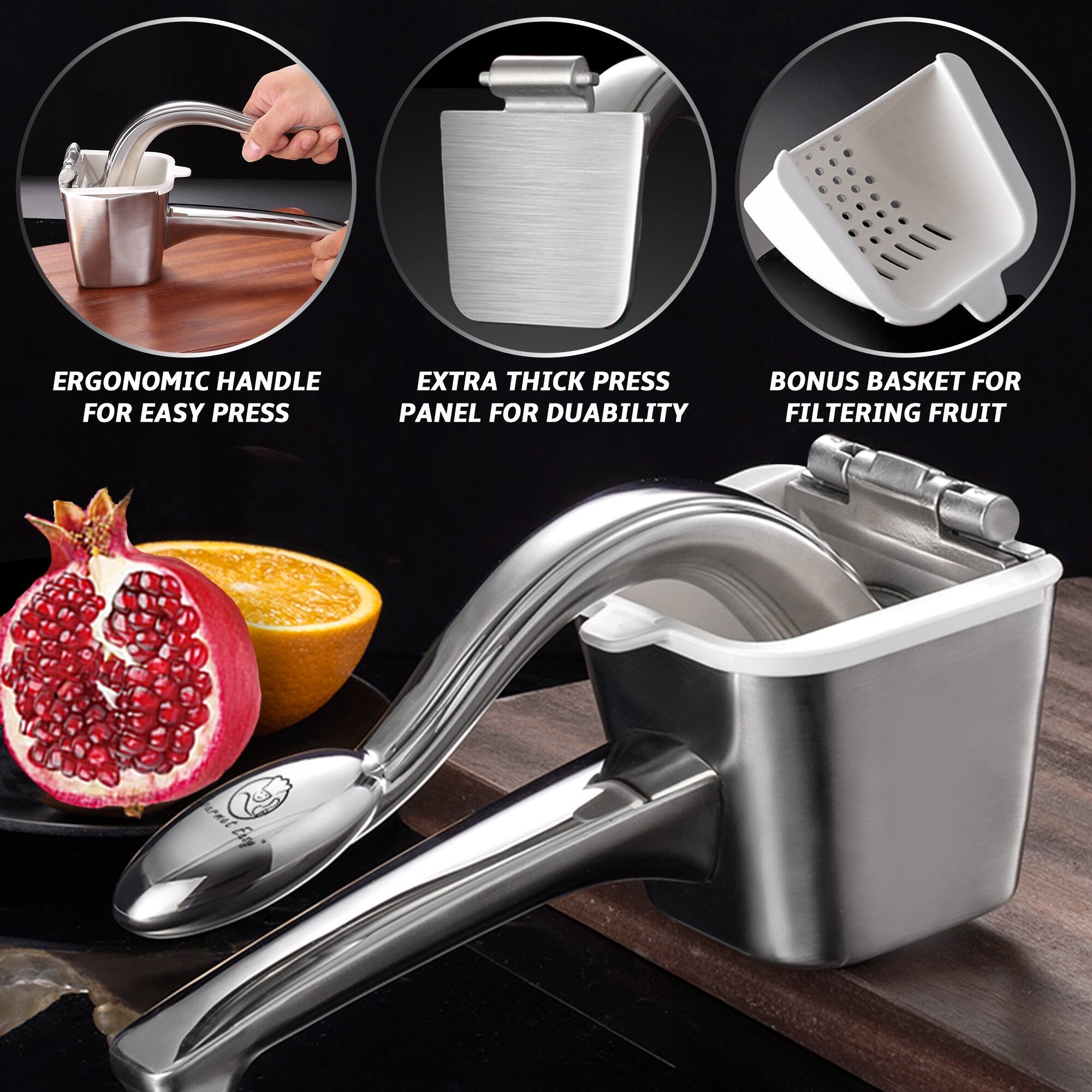 Angle. Gourmet Easy - Stainless Steel Lemon Squeezer, Heavy-Duty Orange Juicer, Durable Hand Press Citrus Juicer, Portable Lime Squeezer - Stainless Steel.