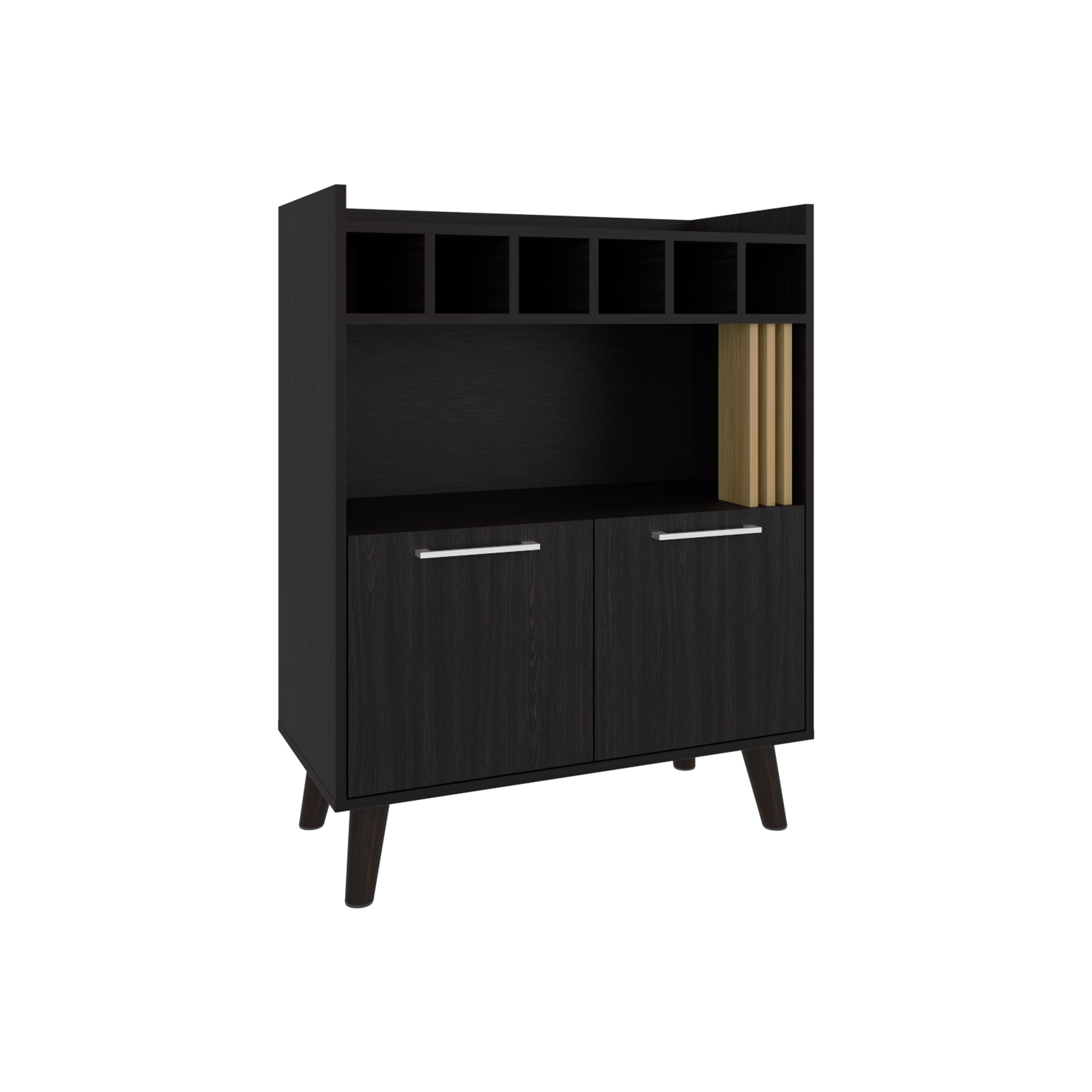TuHome - Vance 40" High Bar Cabinet With Six Bottle Cubbies, Two Double Door Cabients, Four Shelves, Living Room, Wine Rack - Natural Oak - Black