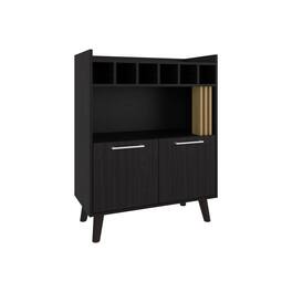 TuHome - Vance 40" High Bar Cabinet With Six Bottle Cubbies, Two Double Door Cabients, Four Shelves, Living Room, Wine Rack - Natural Oak - Black