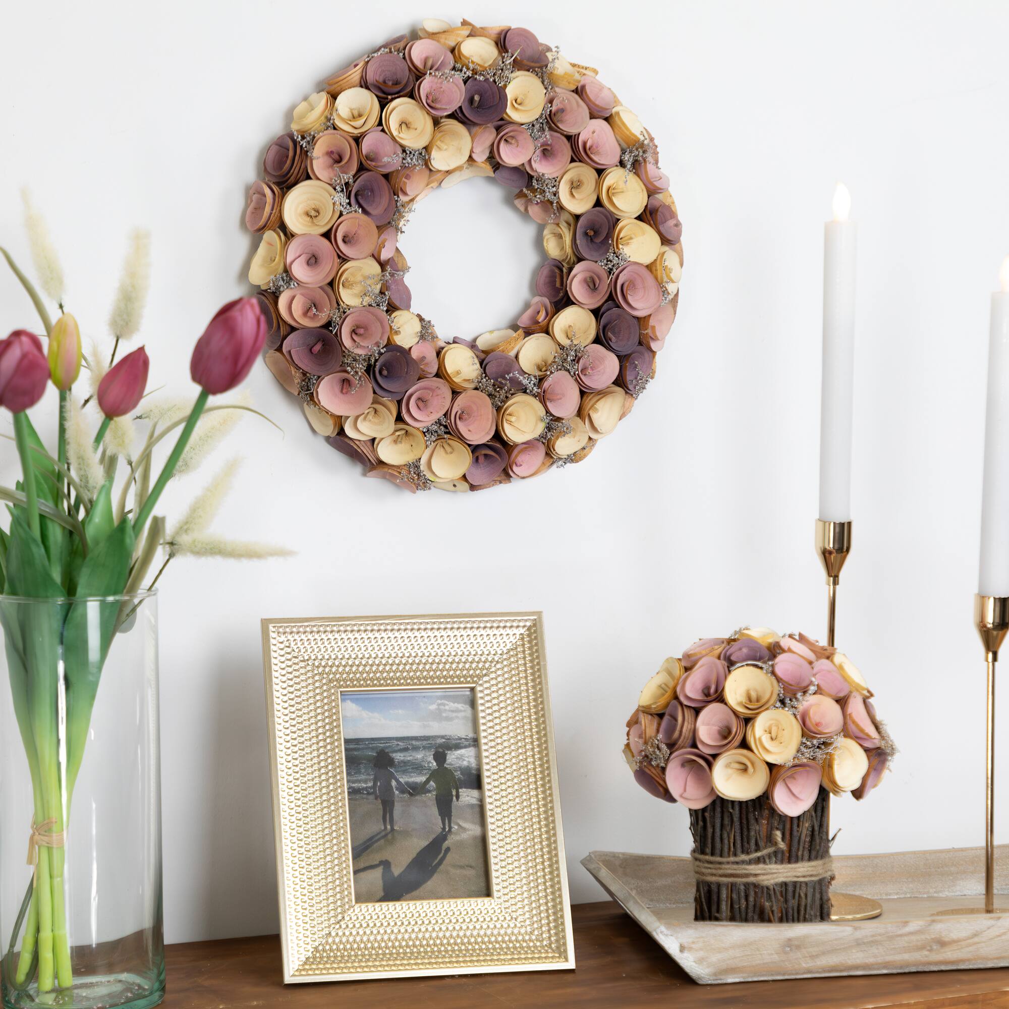 Alt View 1. Northlight - Artificial Floral Wooden Spring Wreath - 12" - Pink and Yellow - Pink.