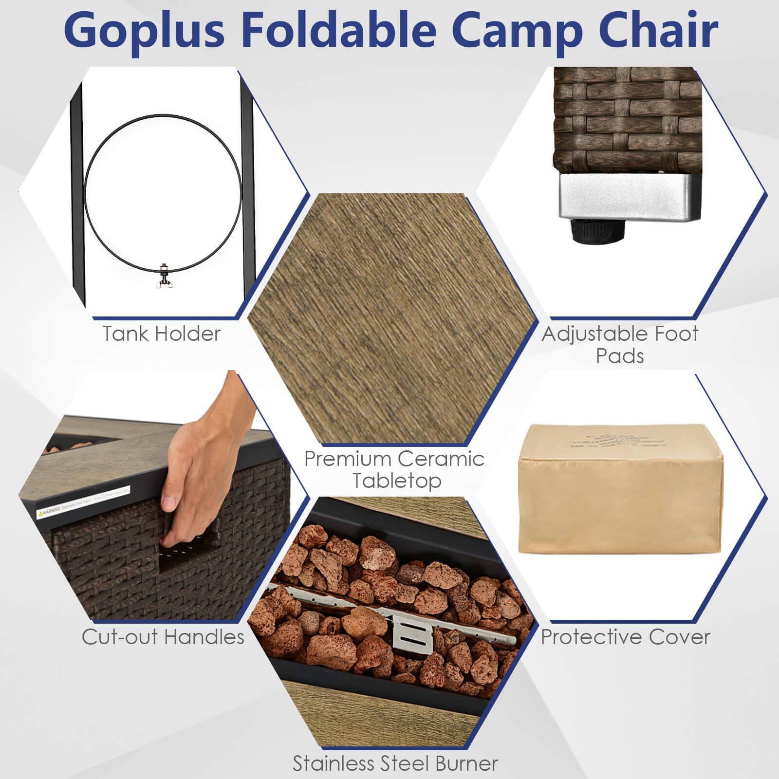 Goplus Foldable Camp Chair

- Tank Holder
- Adjustable Foot Pads
- Premium Ceramic Tabletop
- Cut-out Handles
- Protective Cover
- Stainless Steel Burner