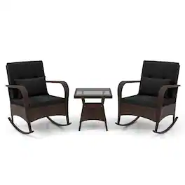 Costway - 3 PCS Rocking Bistro Set with Removable Cushions & Tempered Glass Top Coffee Table - Black