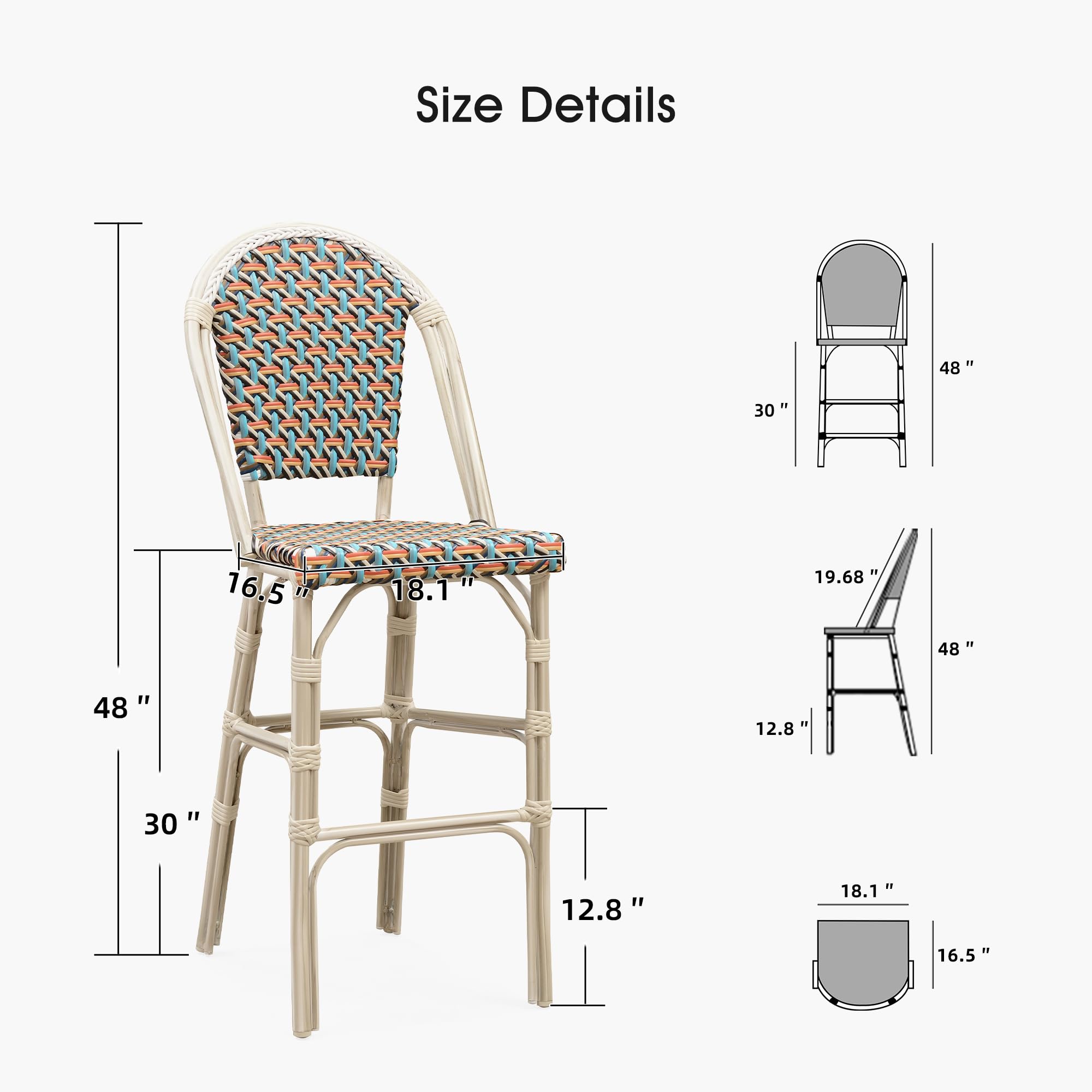 Size Details

- Height: 48"
- Width: 30"
- Depth: 16.5"
- Seat Height: 18.1"
- Back Height: 30"
- Armrest Height: 12.8"
- Seat Depth: 12.8"
- Back Width: 19.68"
- Seat Width: 18.1"
- Seat Depth: 16.5"