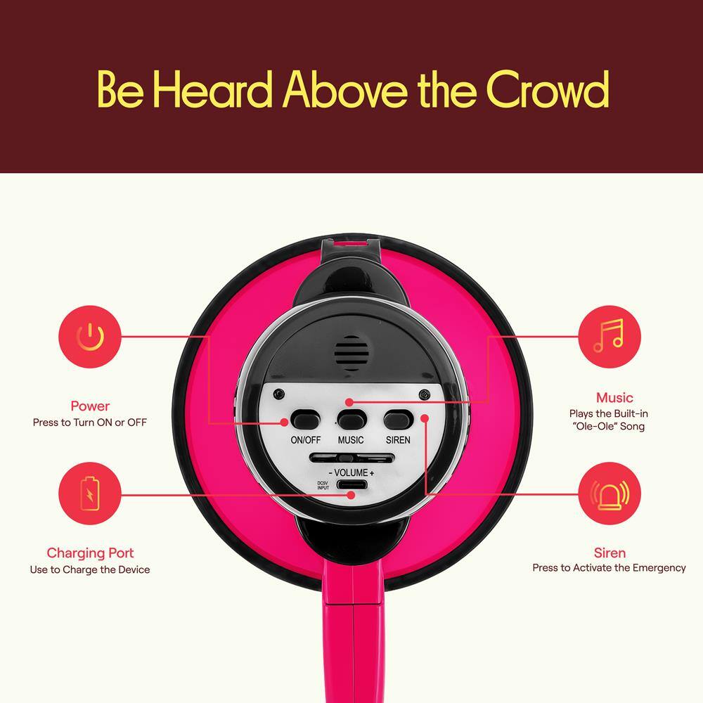 Be Heard Above the Crowd

Power Press to Turn ON or OFF

Music Plays the Built-in "Ole-Ole" Song

VOLUME

Charging Port Use to Charge the Device

Siren Press to Activate the Emergency