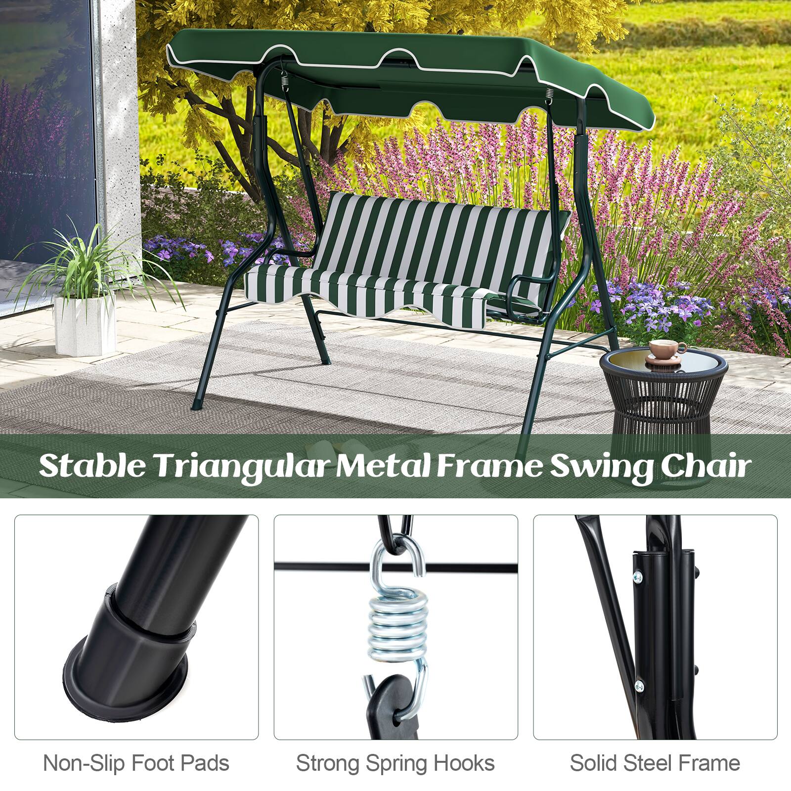 Stable Triangular Metal Frame Swing Chair

- Non-Slip Foot Pads
- Strong Spring Hooks
- Solid Steel Frame