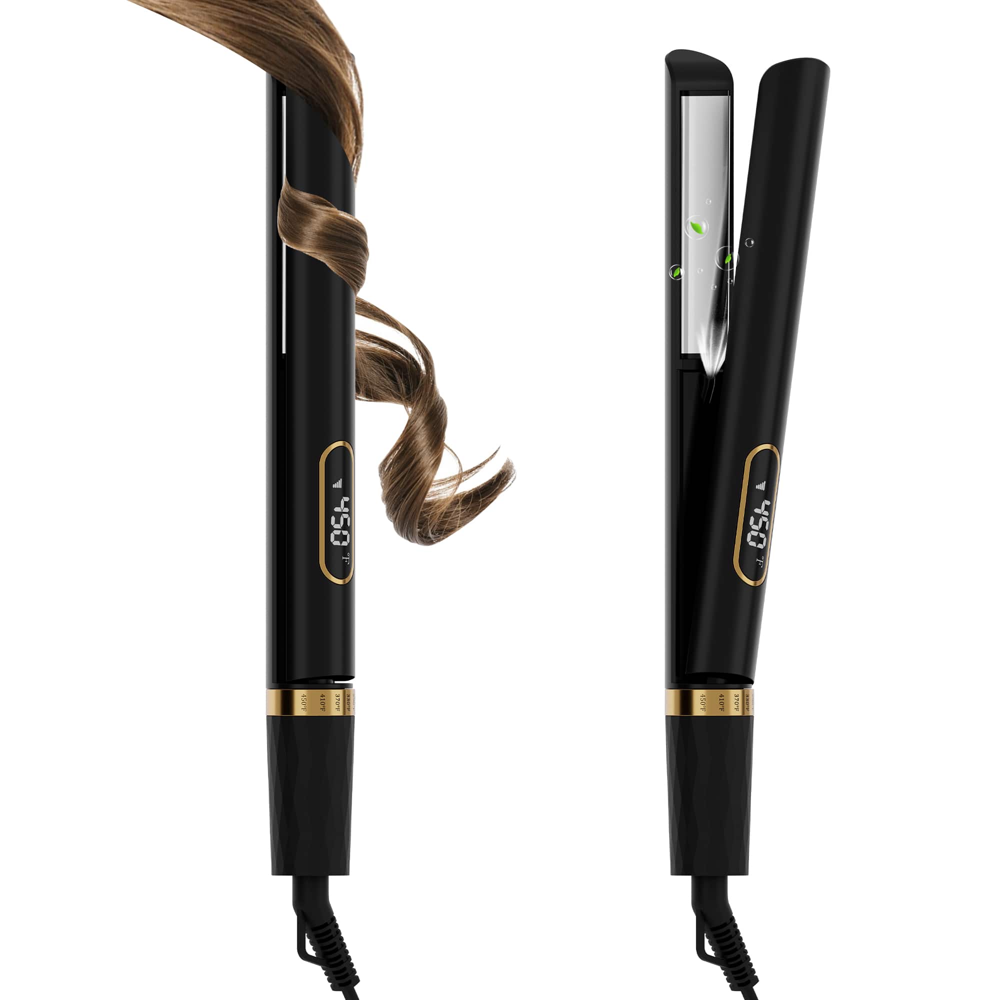 NICEBAY - Hair Straightener Flat Iron, Titanium Hair Curler Iron, Fast Heating, 5 Temp Settings, Straightening Iron - Black/Gold