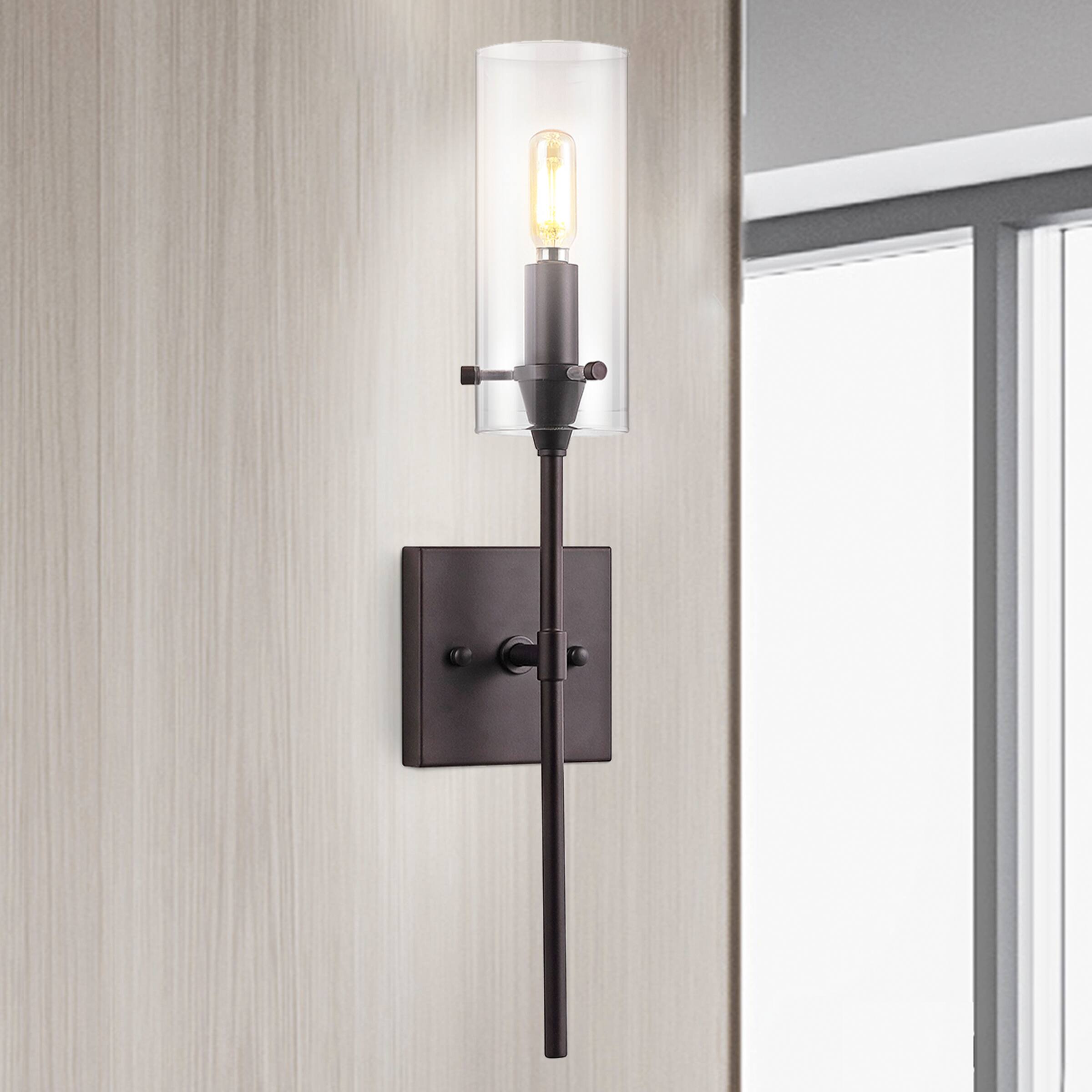 Alt View 1. Jonathan Y - Cato 4.5" 1-Light Bohemian Farmhouse Iron/Glass LED Vanity, Oil Rubbed Bronze/Clear - Oil Rubbed Bronze.